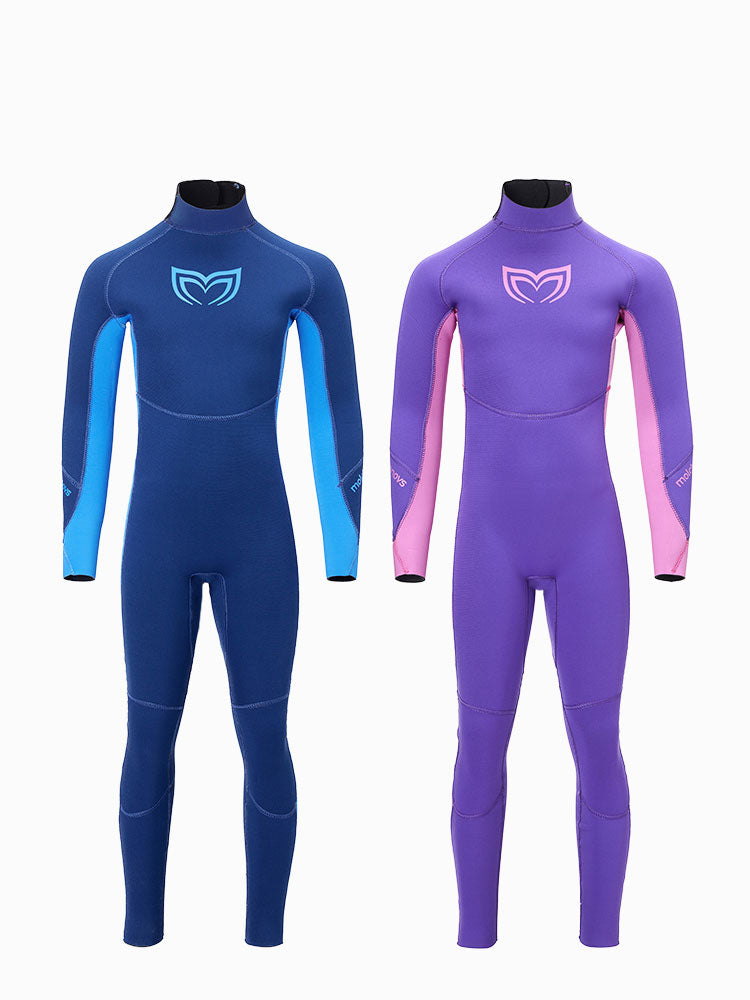 Two Molchanovs 2.5mm kids freediving wetsuits side by side: navy blue with cyan panels and purple with pink panels