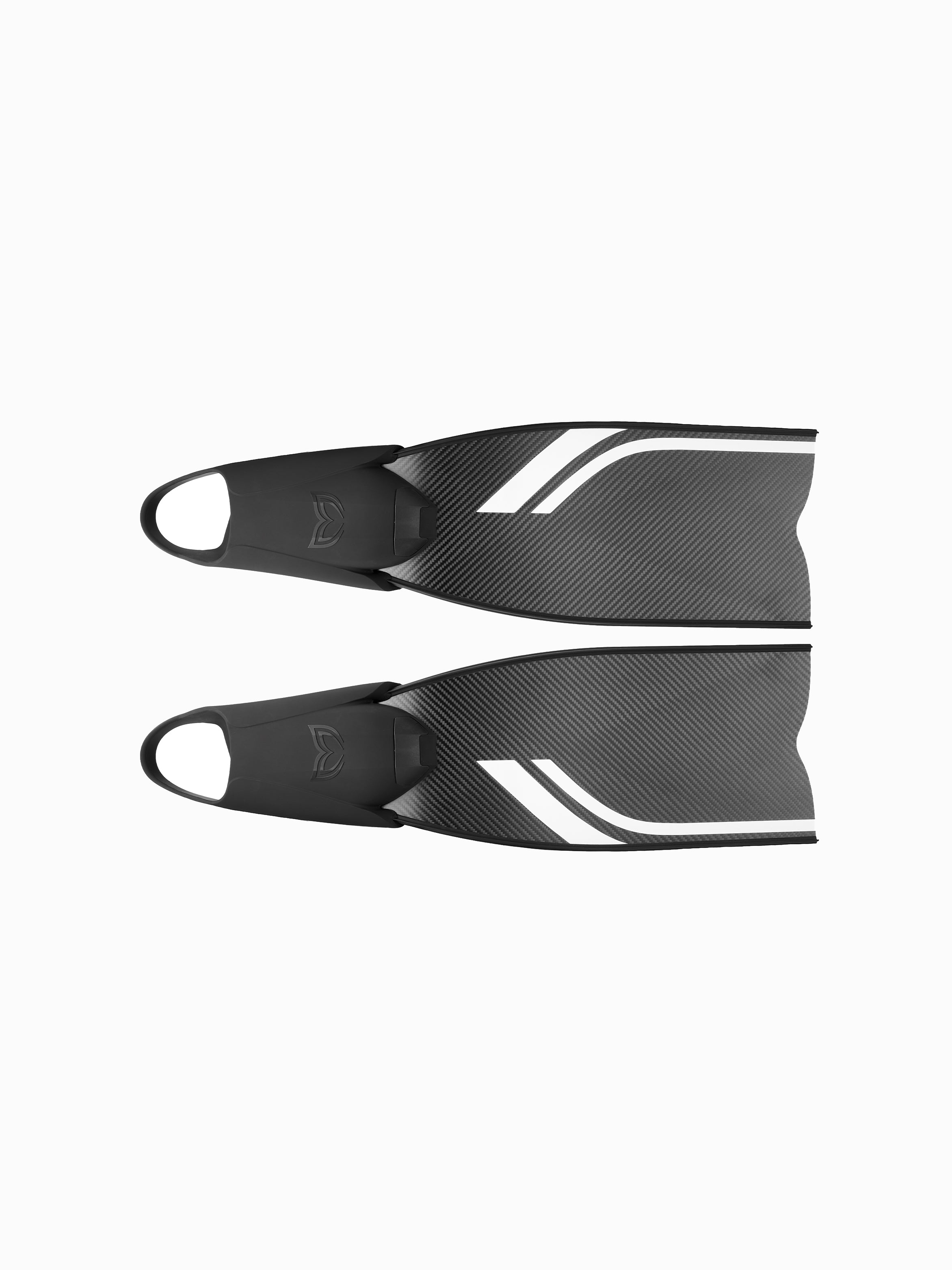 Molchanovs SPORT Short Bifins 3 Carbon pair, top-down view showing carbon fiber blades with white stripe detail and black silicone foot pockets