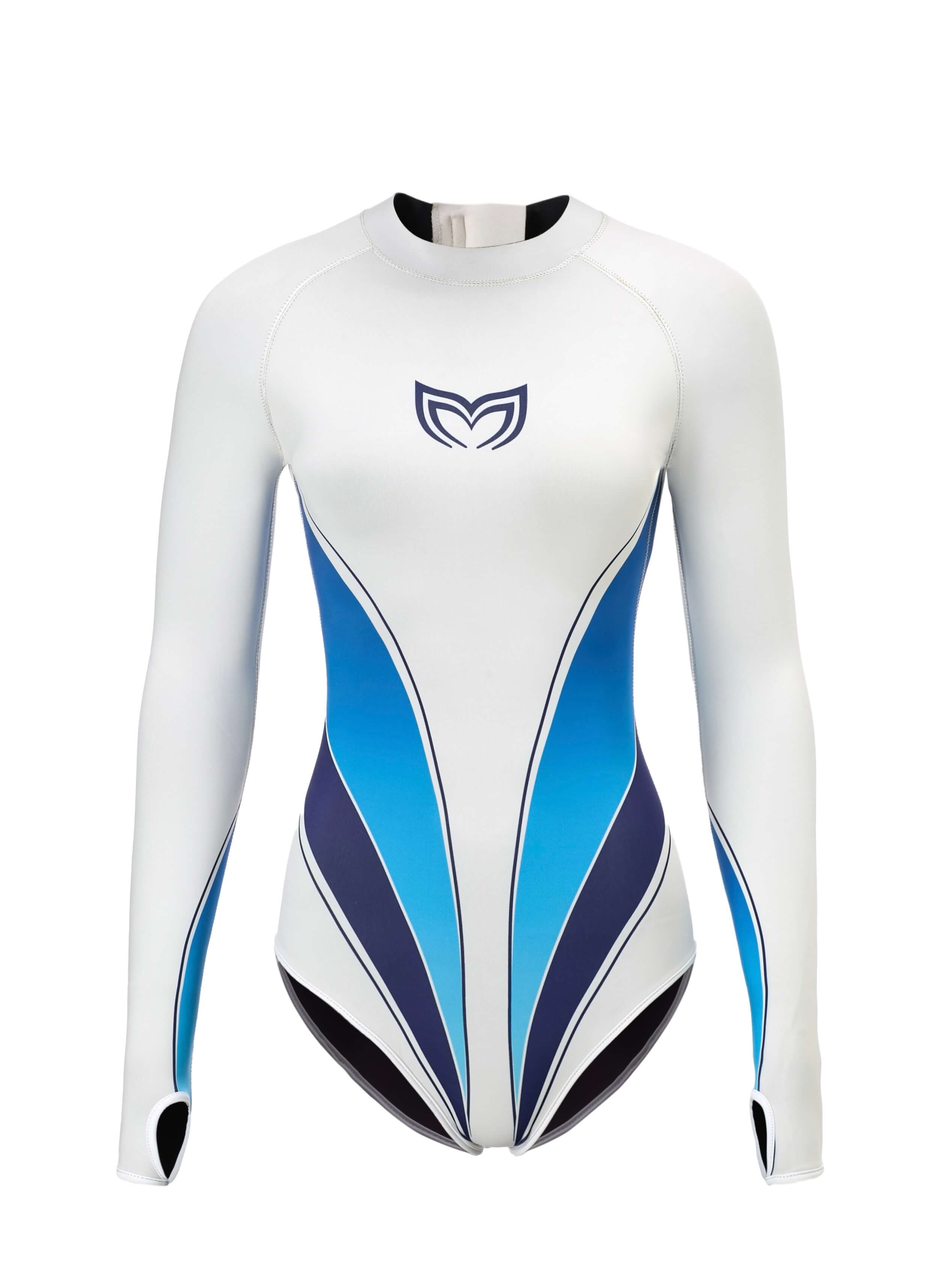 Molchanovs Yanita women's freediving springsuit in white with blue and navy panel detailing, long-sleeve front view