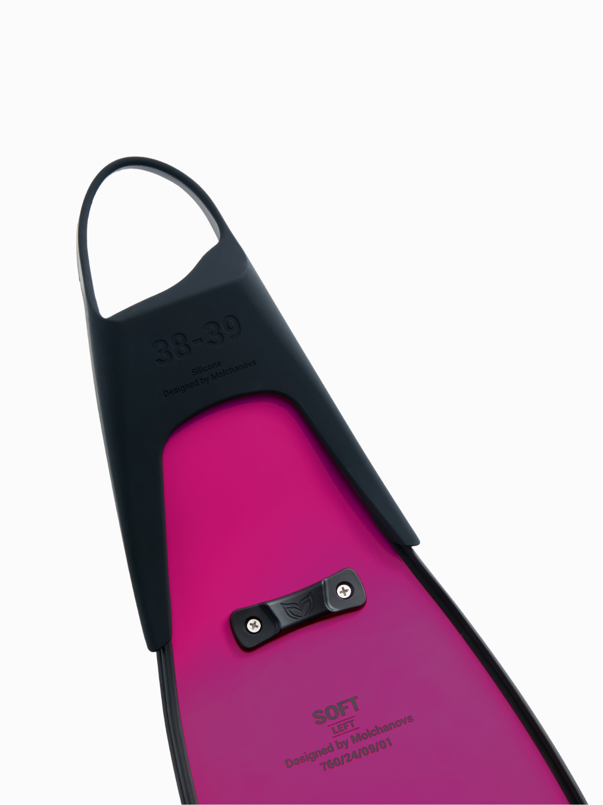 Close-up of Molchanovs SPORT Bifins 3 silicone foot pocket showing size markings, blade clamp, and pink fiberglass blade