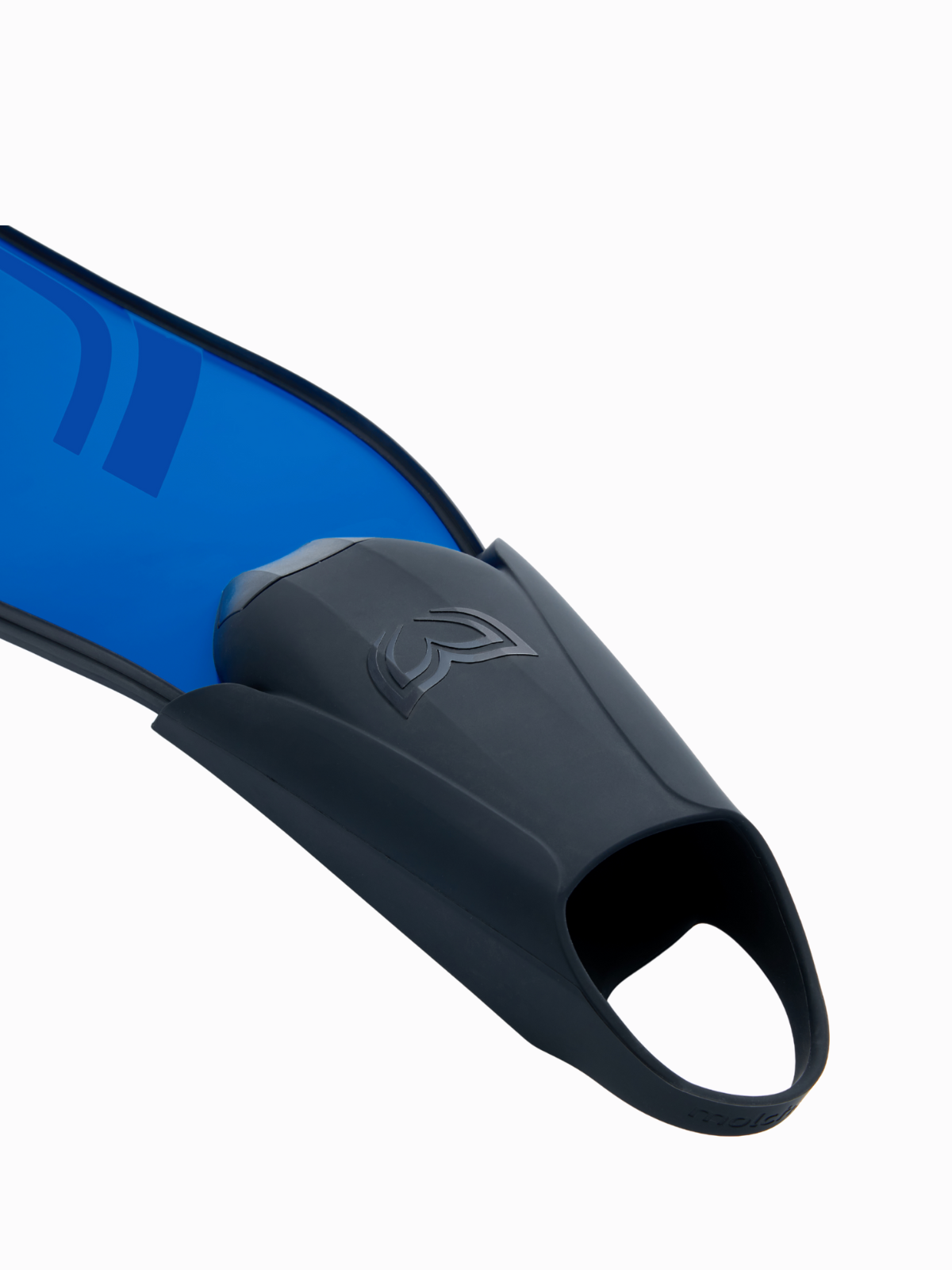 Close-up of Molchanovs SPORT Bifins 3 silicone foot pocket toe opening with blue fiberglass blade and Molchanovs logo embossed on the pocket