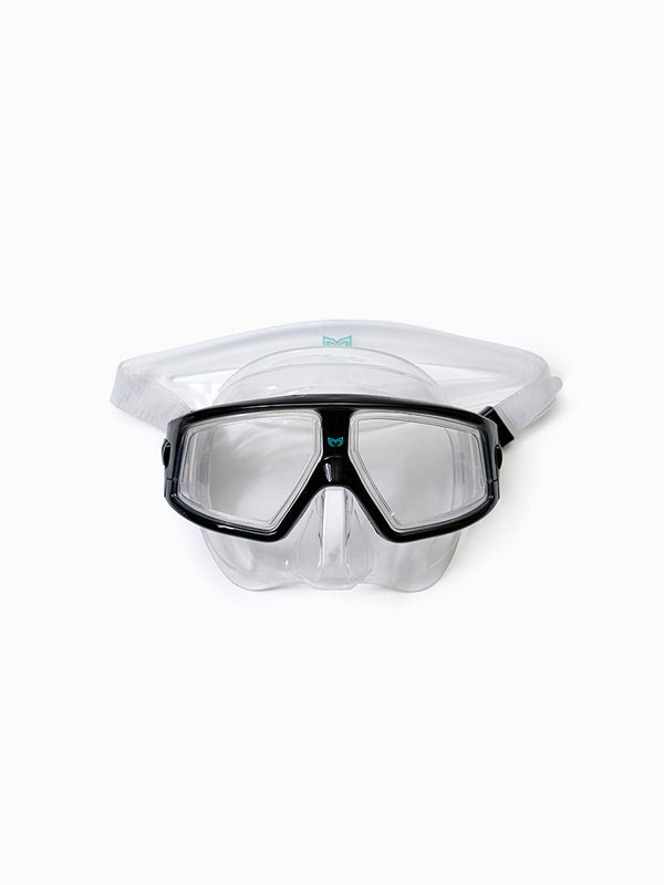 Molchanovs CORE freediving mask with black frame and clear silicone skirt, front view