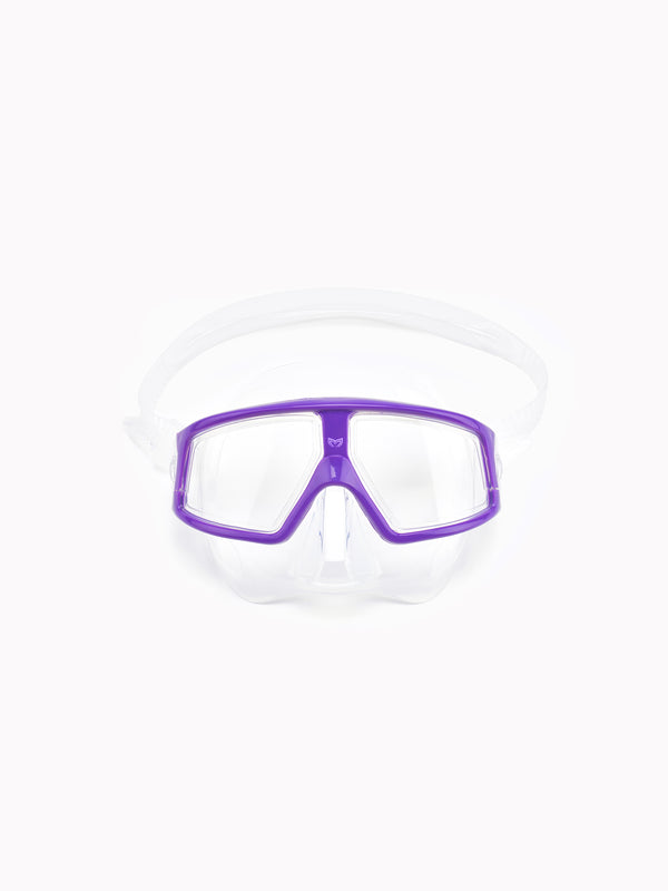 Natalia Legacy CORE freediving mask with purple frame and clear wide-view lens, front view