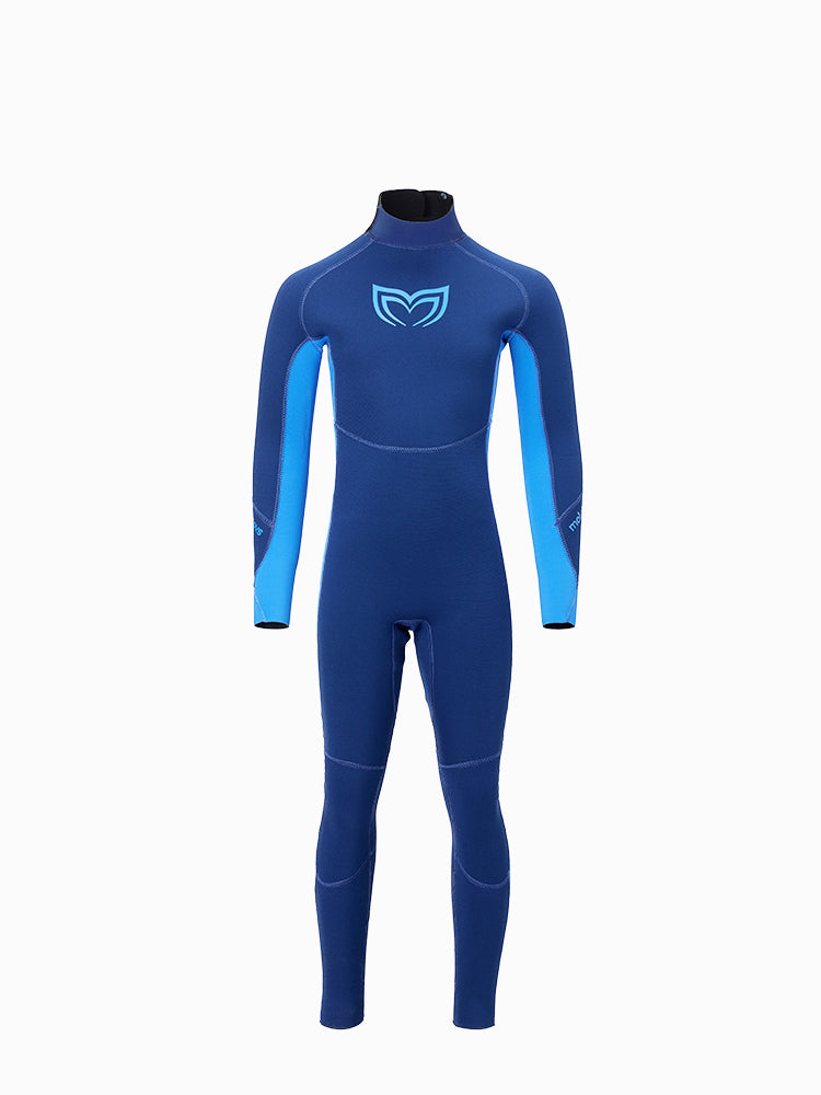 Front view of the Molchanovs 2.5mm kids wetsuit in navy blue with cyan side panels, one-piece double-lined neoprene