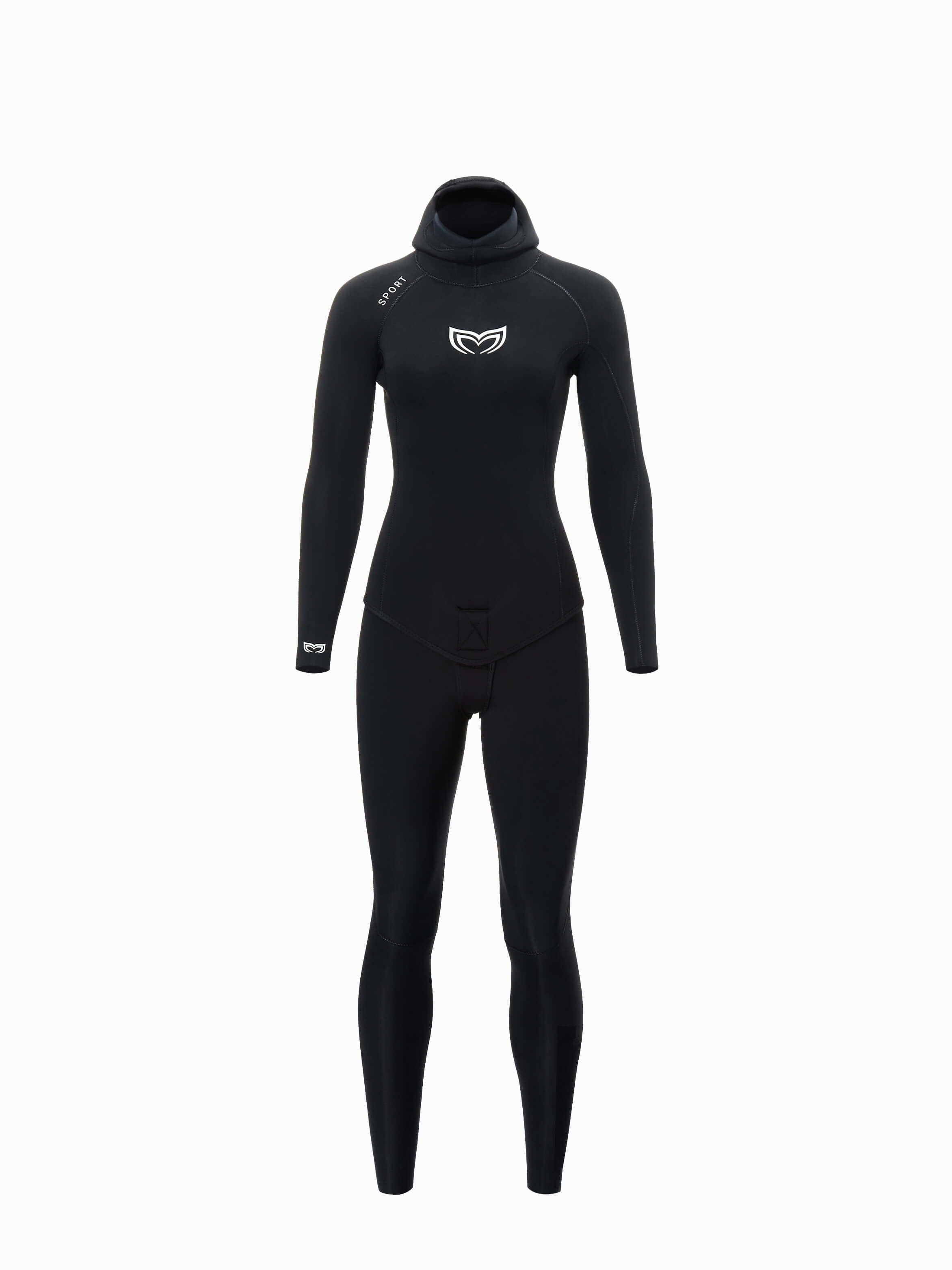 Molchanovs SPORT women's freediving wetsuit in black with open-cell interior and outer lining, hooded full suit