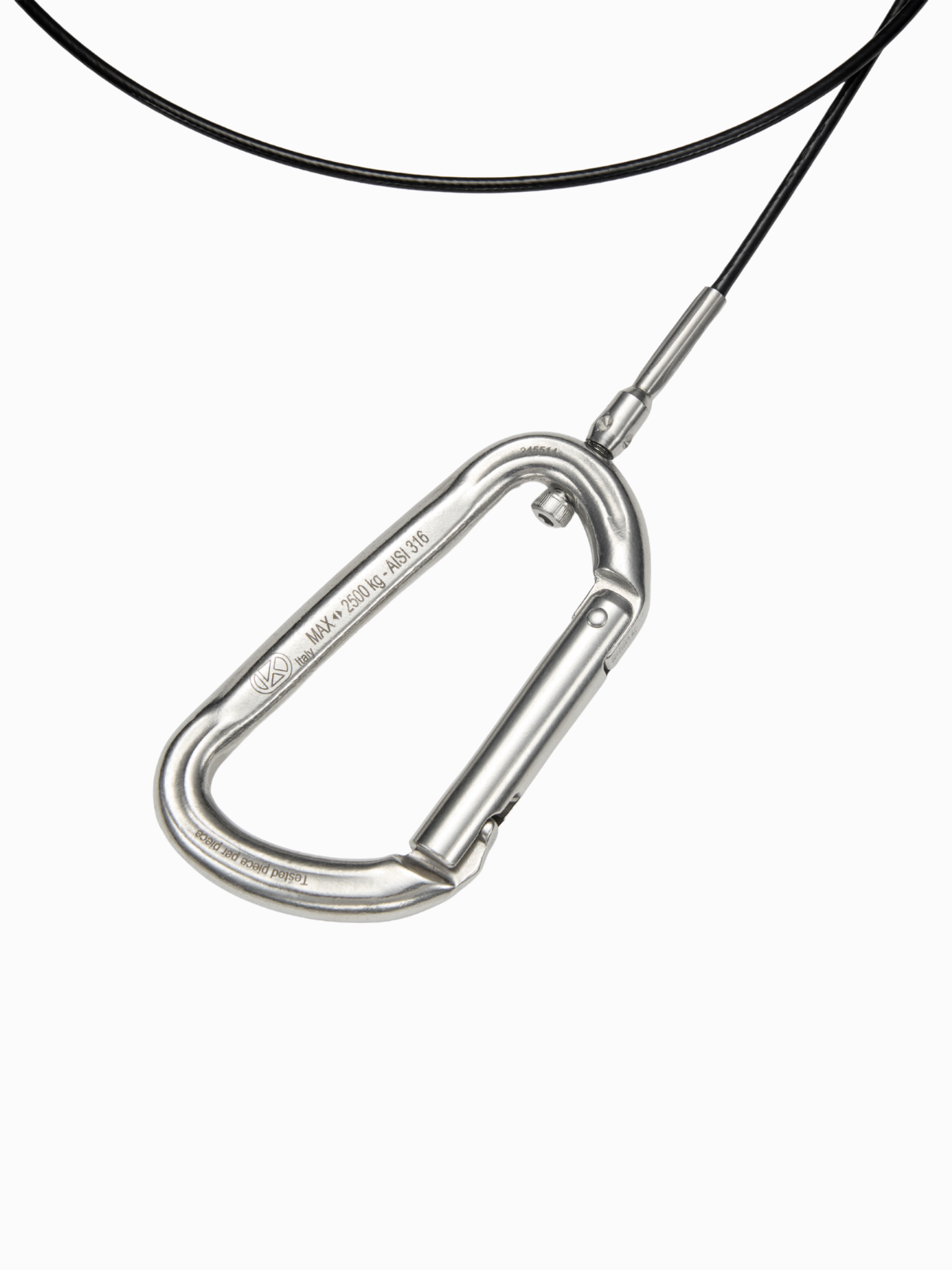 Freediving lanyard carabiner with cable on white background