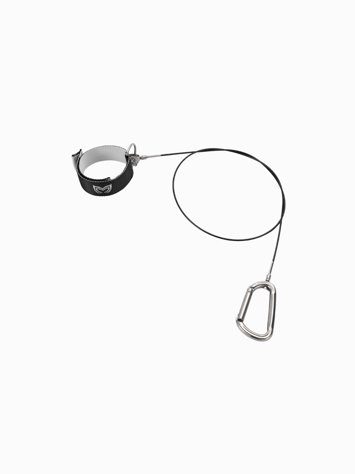 Freediving lanyard wrist cuff with cable and carabiner on white background