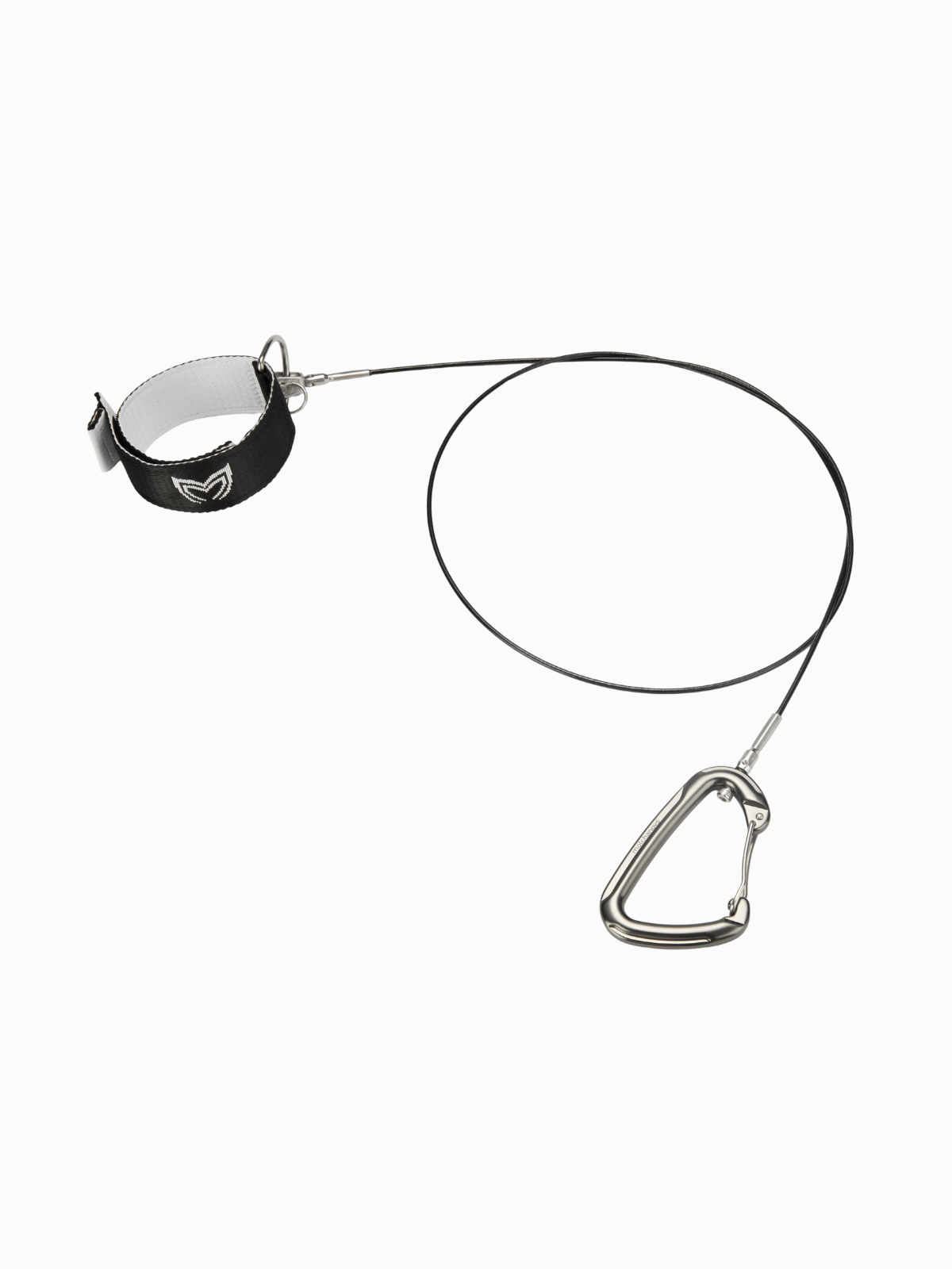 Freediving lanyard wrist strap with cable and carabiner on white background