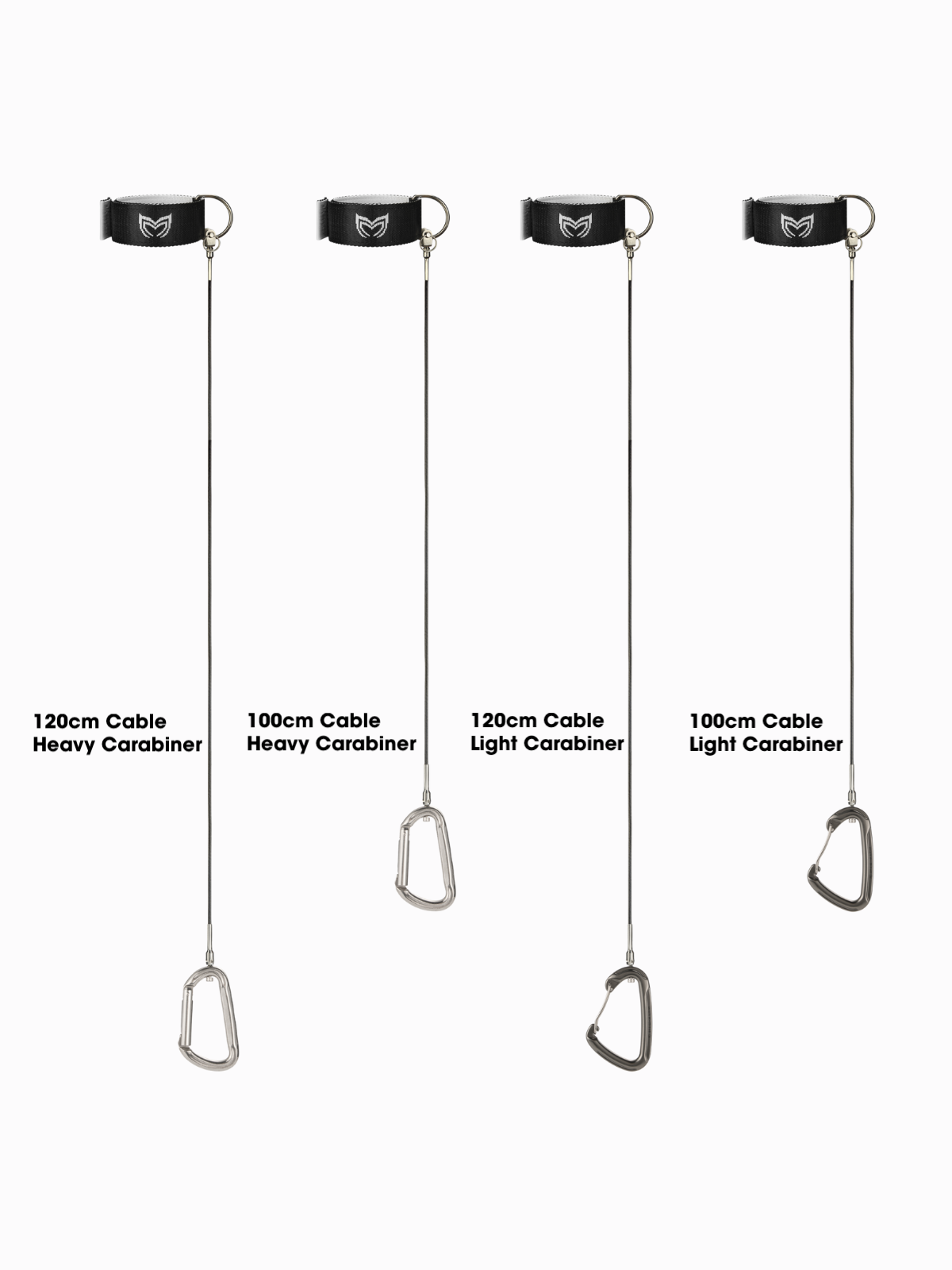 Set of four carabiners with varying cable lengths and materials on a white background