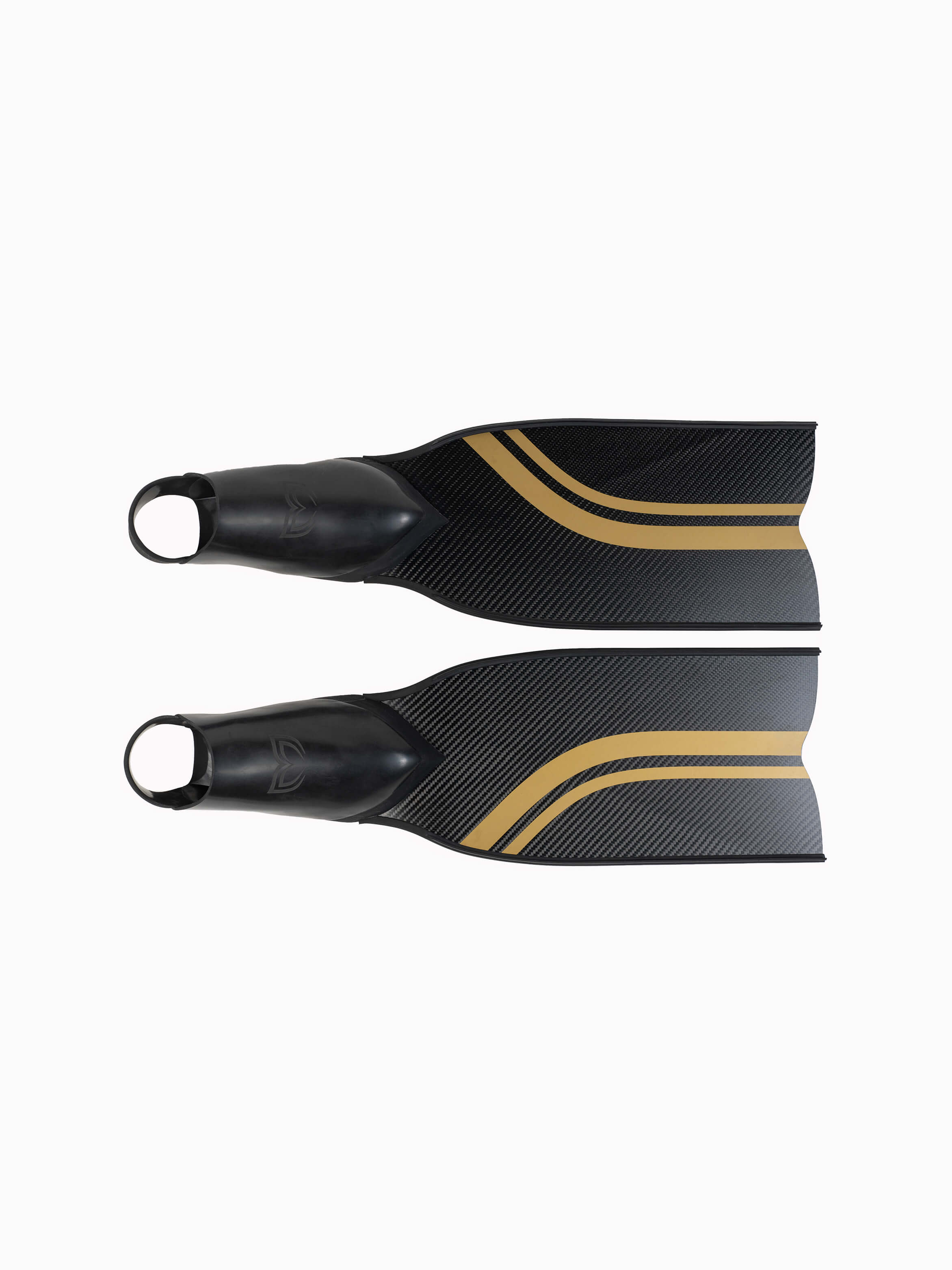 Molchanovs PRO Short Bifins 3 Carbon in gold stripe colorway, top view of both fins showing carbon fiber blade texture