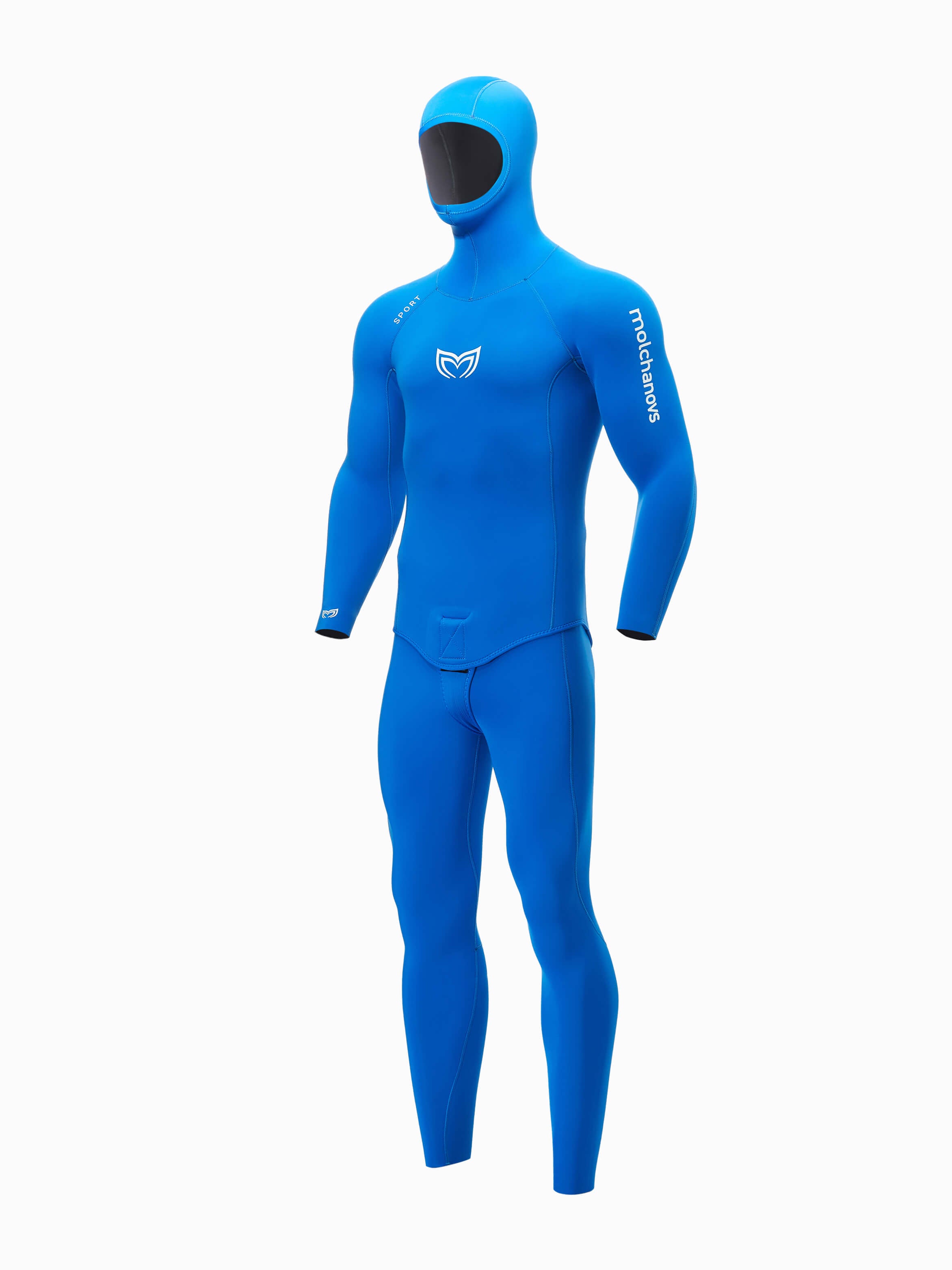 Molchanovs SPORT mens 5mm double-lined freediving wetsuit in blue, hooded two-piece, front three-quarter view