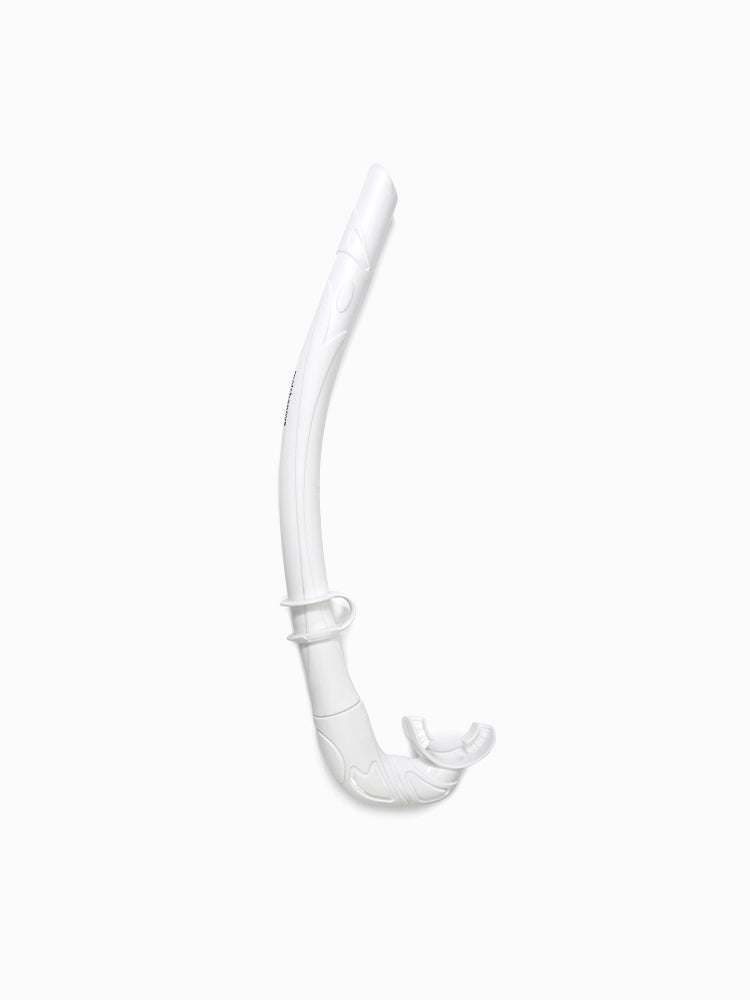 Molchanovs CORE freediving snorkel in white, full-length side view with mouthpiece and mask clip