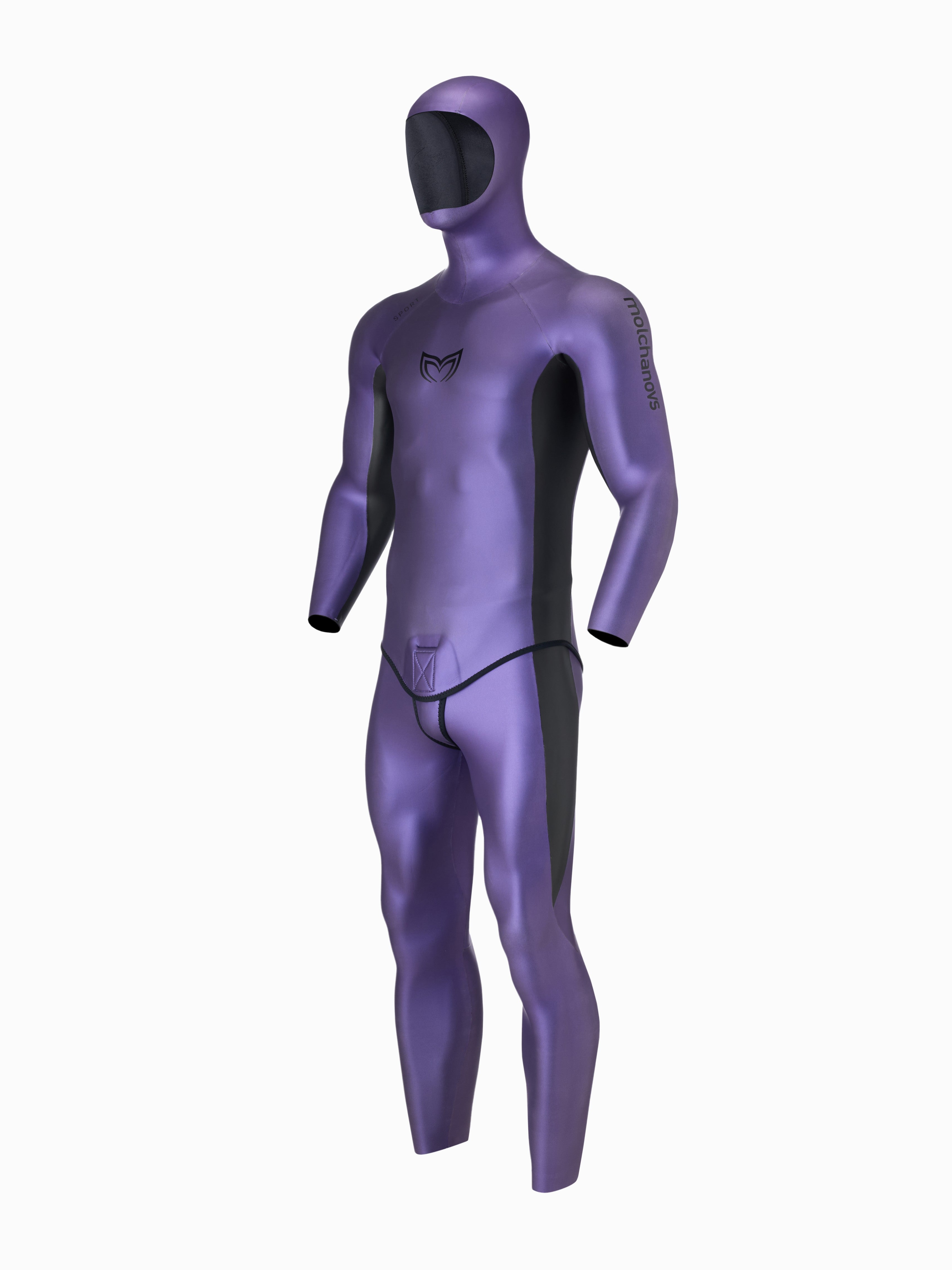 Molchanovs Natalia's Legacy men's SPORT wetsuit 1.5mm, three-quarter front view with integrated hood, purple with black panels