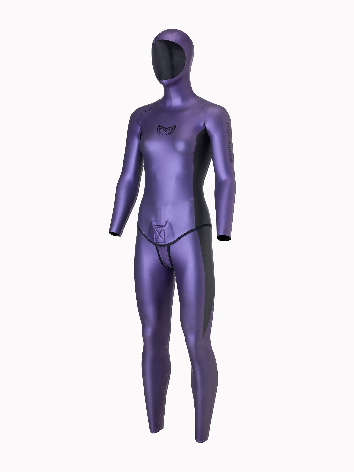 Molchanovs Natalia's Legacy Women's SPORT Wetsuit 1.5mm, purple and black with attached hood, three-quarter front view on mannequin