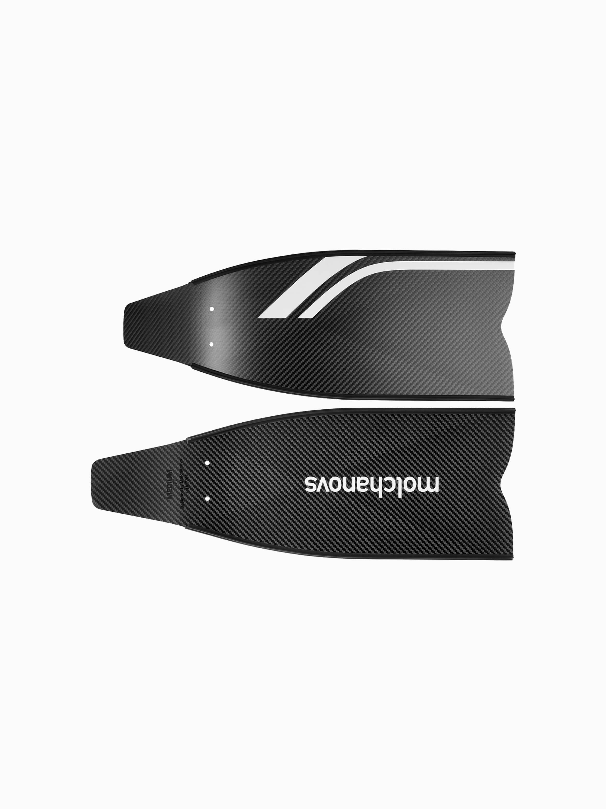 Molchanovs SPORT Short Carbon Bifin Blades, underside view showing brand logo and carbon weave texture