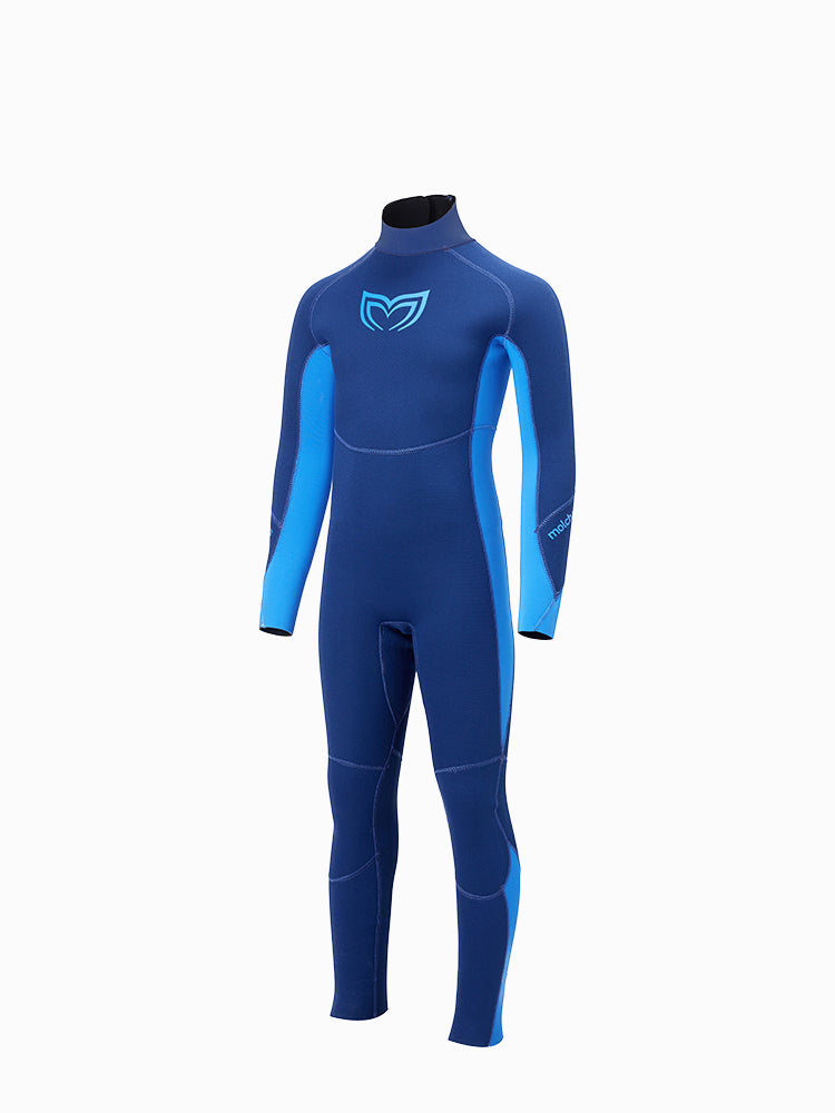 Three-quarter angled view of the Molchanovs 2.5mm boys kids wetsuit in navy blue with cyan panels, one-piece double-lined