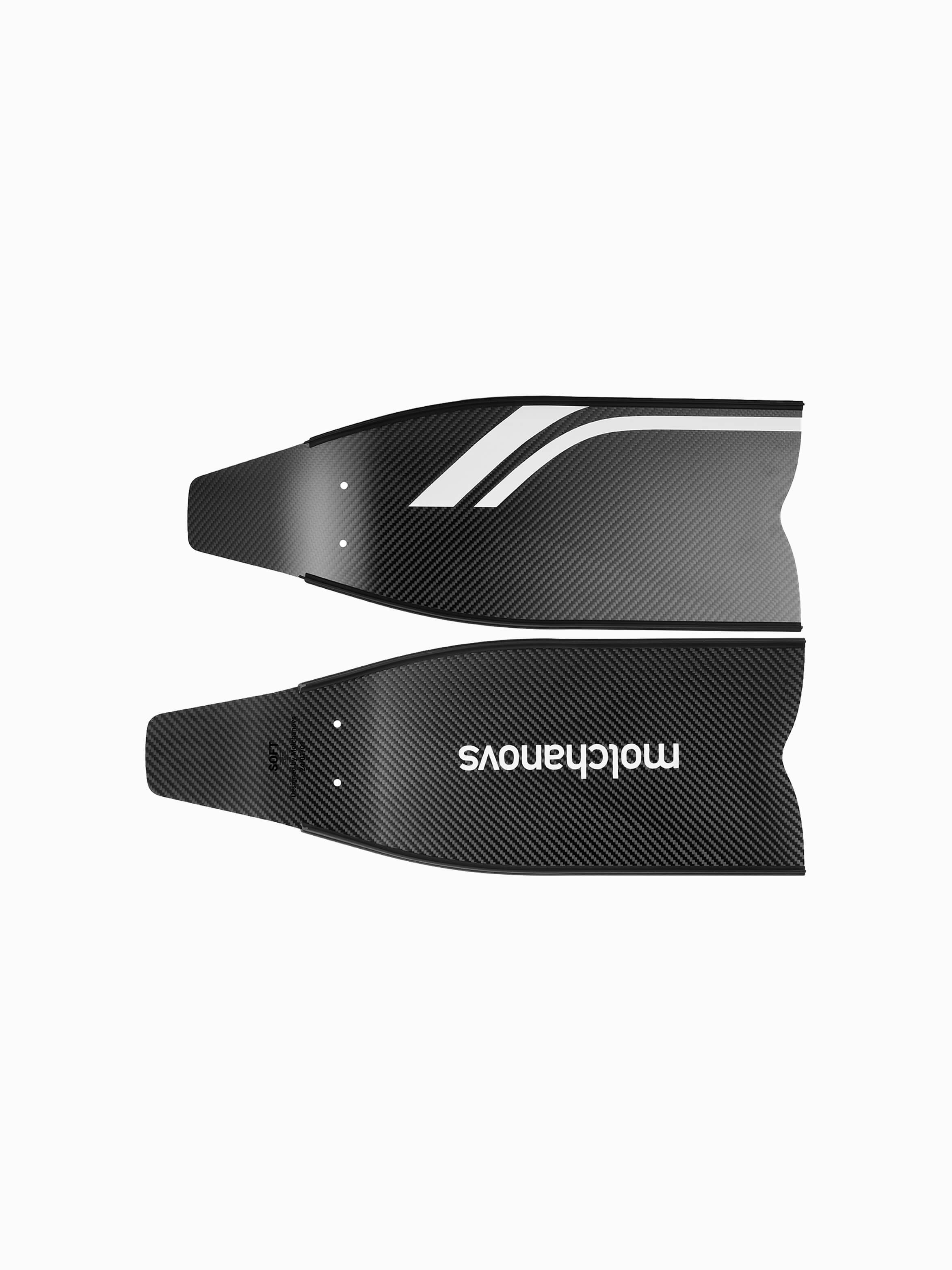 Molchanovs SPORT Short Carbon Bifin Blades angled view, carbon weave with Molchanovs logo on reverse