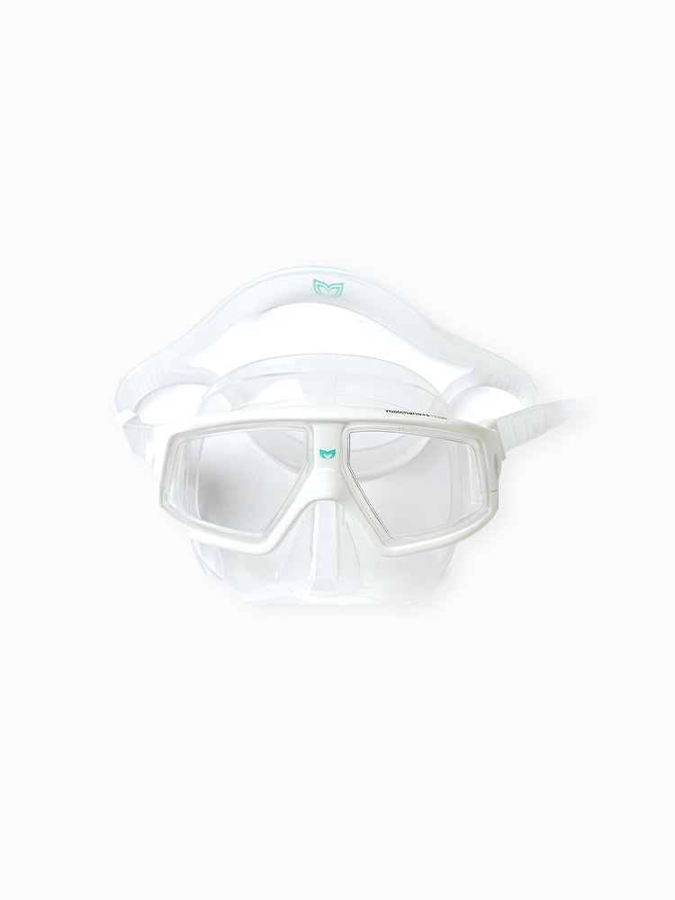 Molchanovs CORE freediving dive mask, white frame with clear silicone skirt, front view