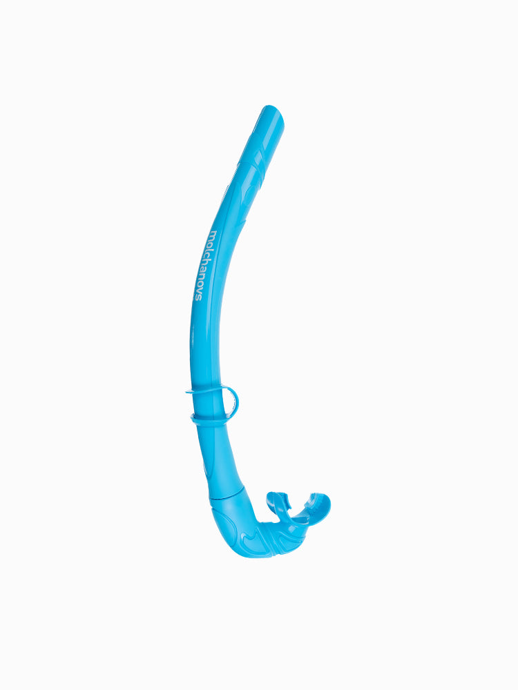 Molchanovs CORE freediving snorkel in blue, full-length side view with mouthpiece and mask clip