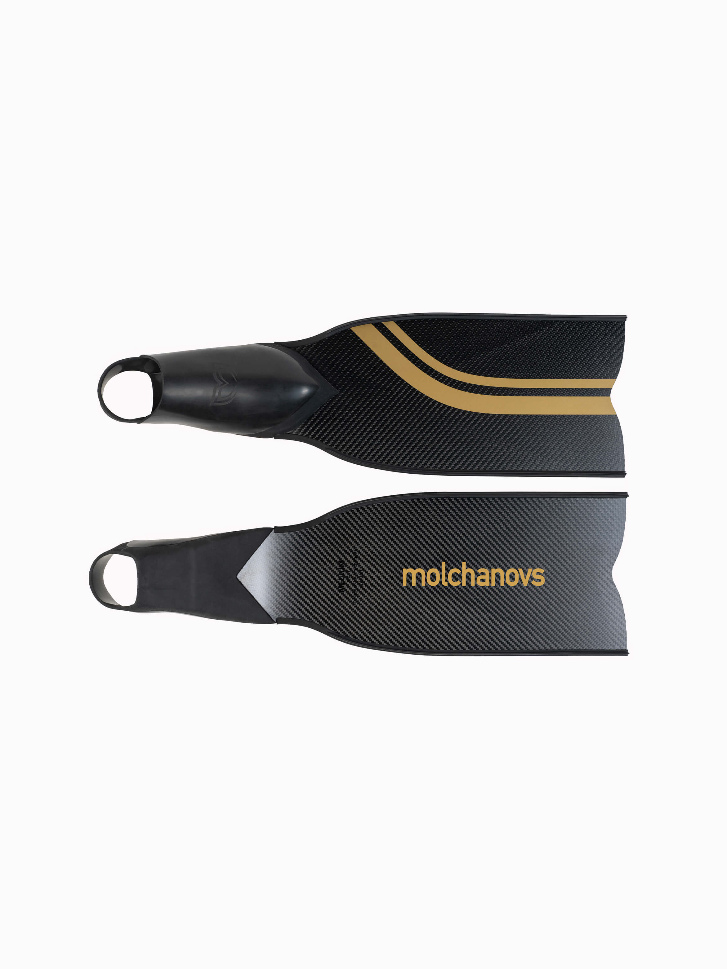 Molchanovs PRO Short Bifins 3 Carbon gold stripe, reverse side showing Molchanovs branding printed on carbon blade