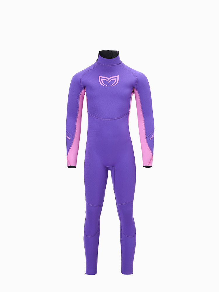 Front view of the Molchanovs 2.5mm kids wetsuit in purple with pink side panels, one-piece double-lined neoprene