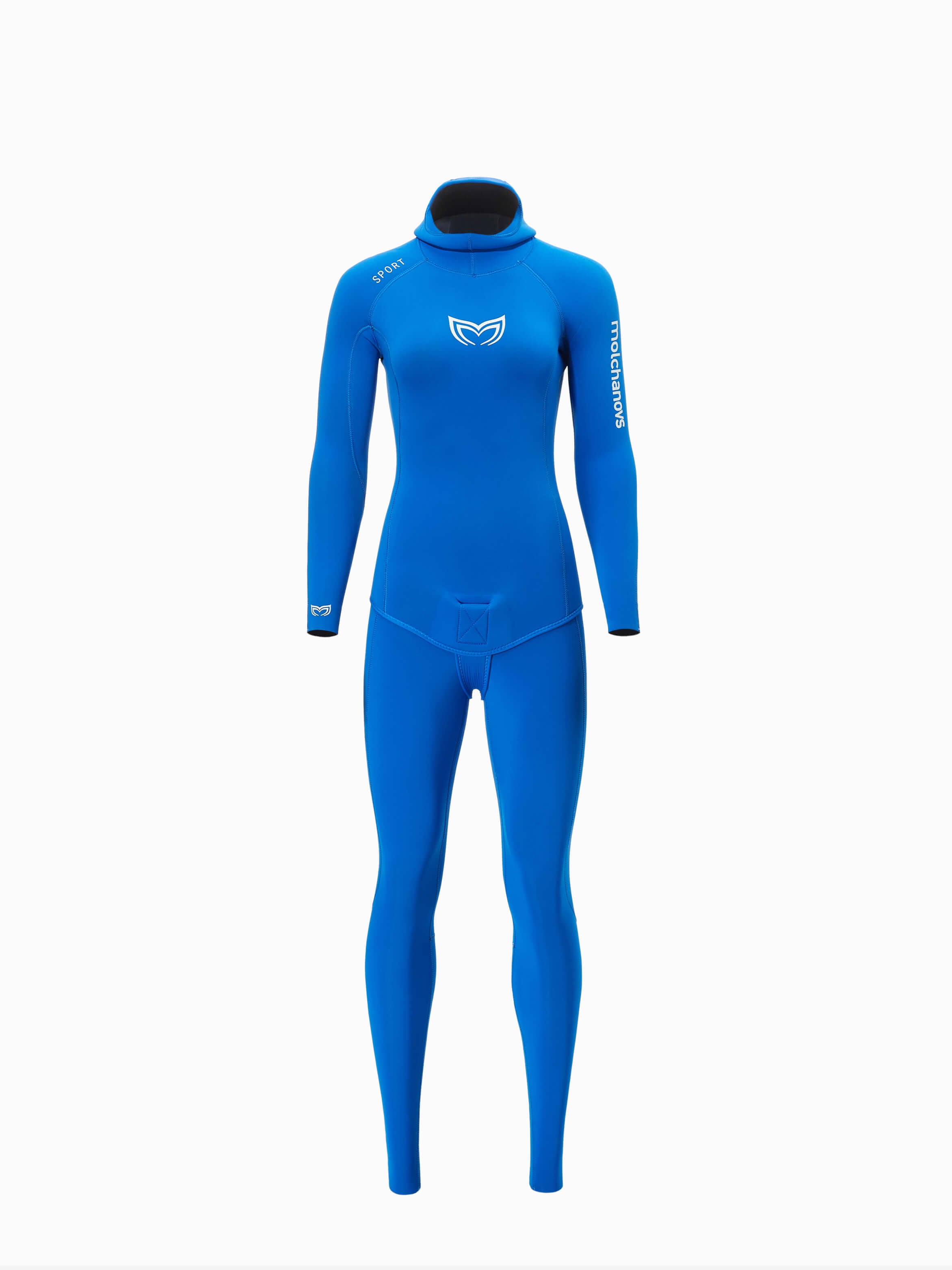 Front view of the Molchanovs SPORT women's open cell freediving wetsuit in blue, outside-lined, 3mm and 5mm