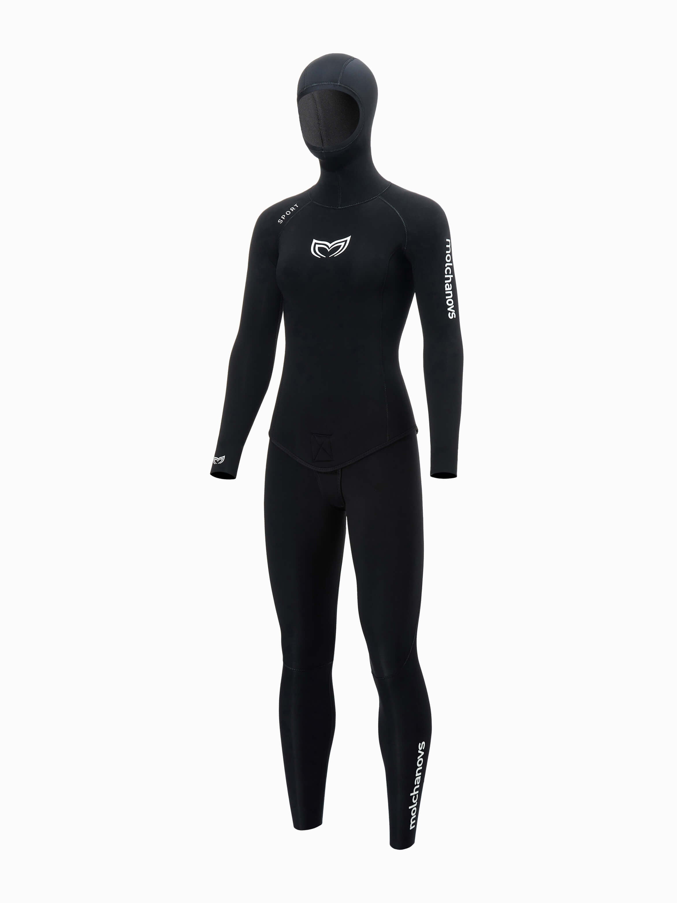 Molchanovs SPORT 5mm womens wetsuit in black with hood, angled front view showing Molchanovs branding on sleeve