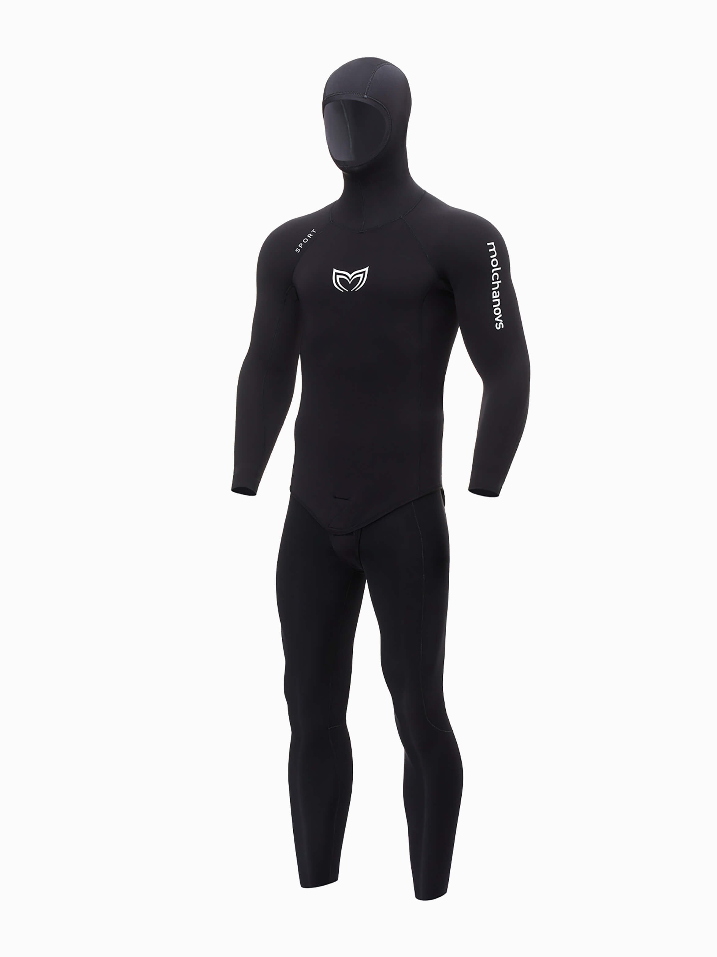 Molchanovs SPORT mens 5mm double-lined freediving wetsuit in black, hooded two-piece, front three-quarter view
