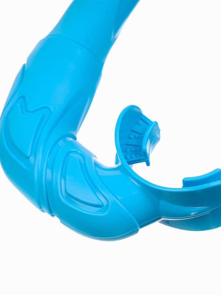 Close-up of the Molchanovs CORE snorkel mouthpiece and lower flex section in blue
