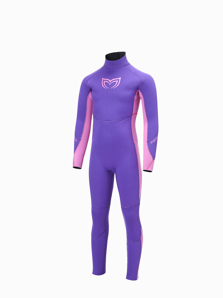 Three-quarter angled view of the Molchanovs 2.5mm girls kids wetsuit in purple with pink panels, one-piece double-lined