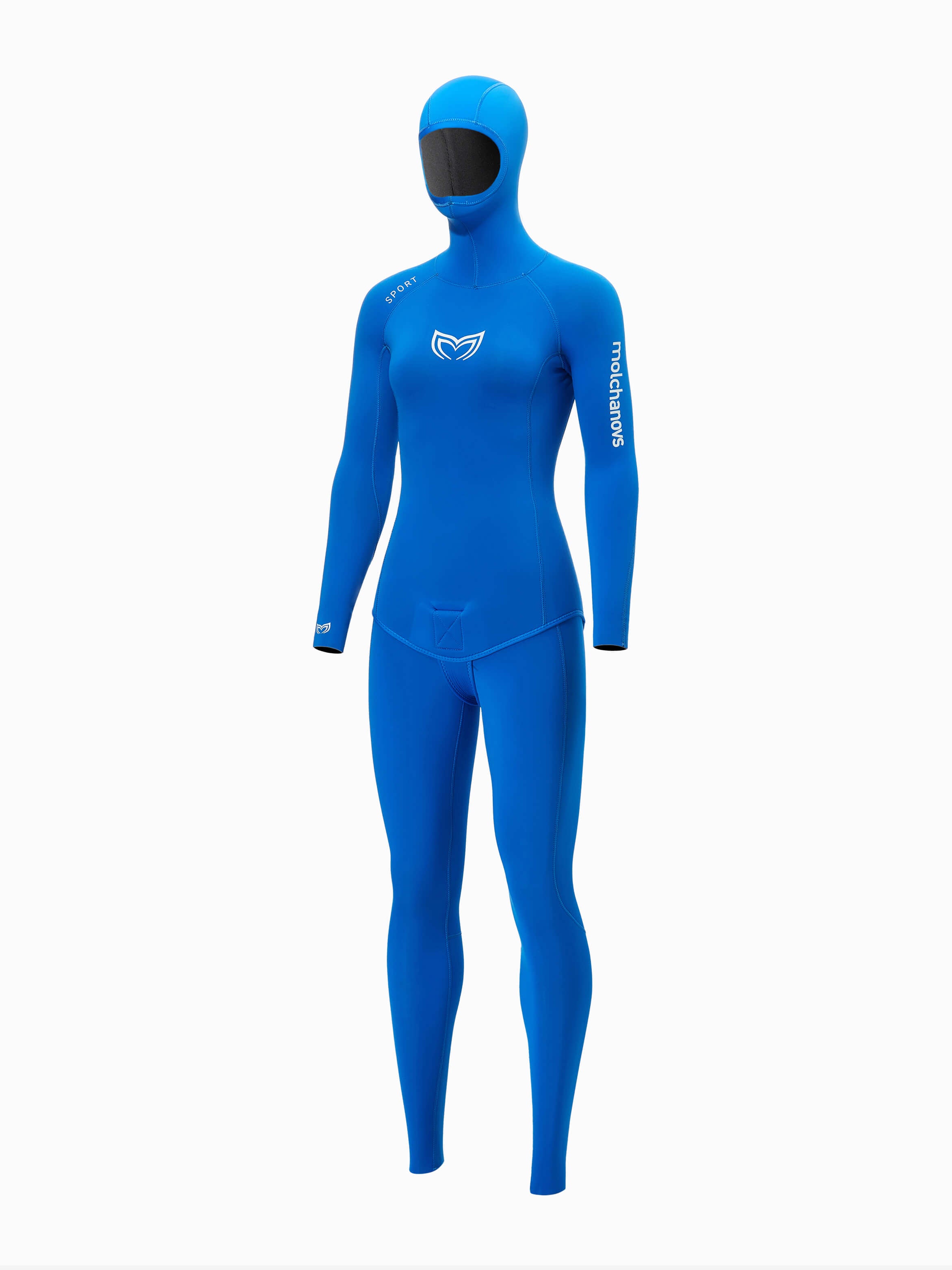 Front angle view of the Molchanovs SPORT women's open cell freediving wetsuit in blue, with attached hood, outside-lined