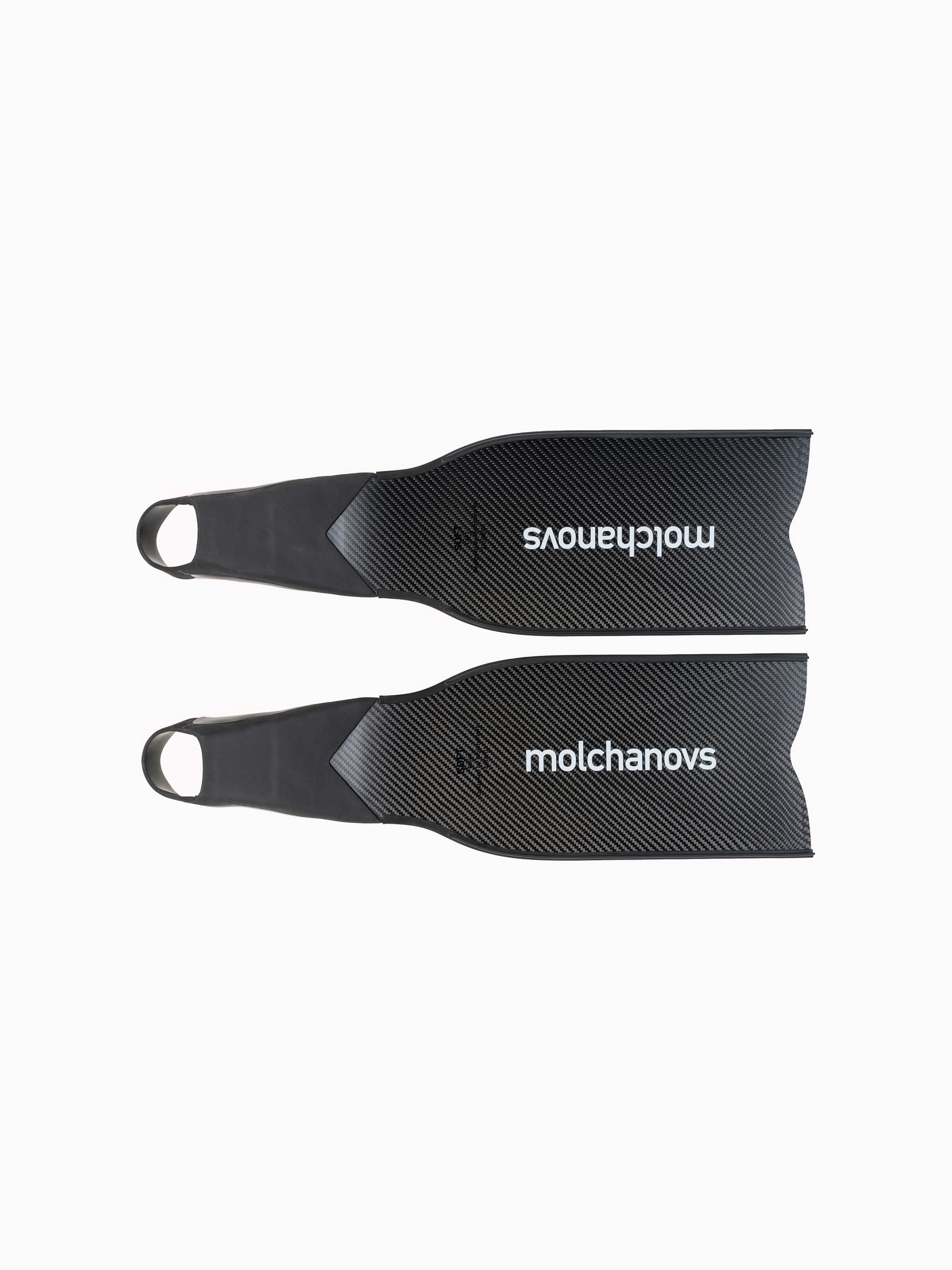 Molchanovs PRO Short Bifins 3 Carbon black colorway, underside of both blades showing carbon weave and Molchanovs wordmark