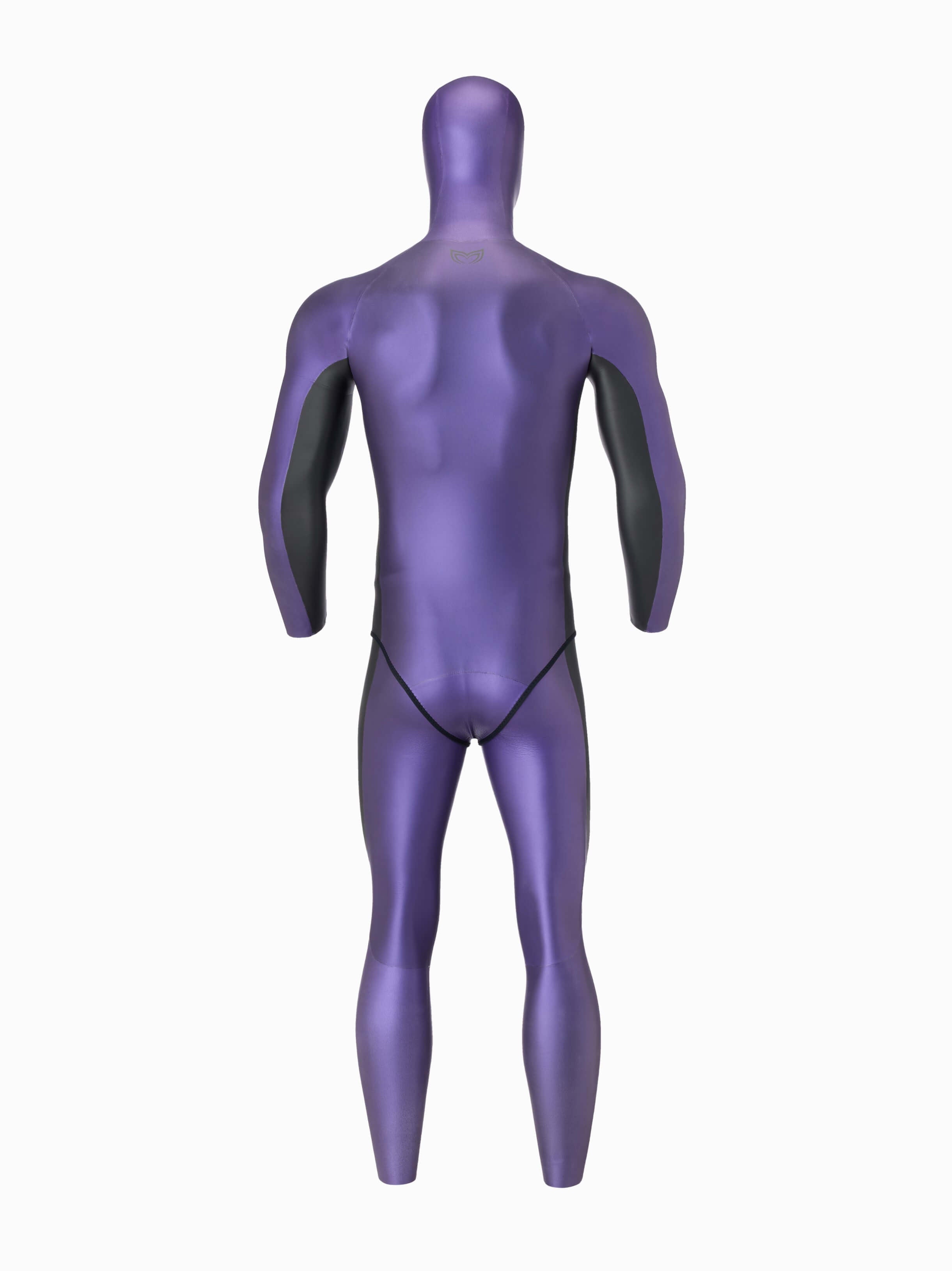 Molchanovs Natalia's Legacy men's SPORT wetsuit 1.5mm, rear view on mannequin, purple glide-skin with black side panels