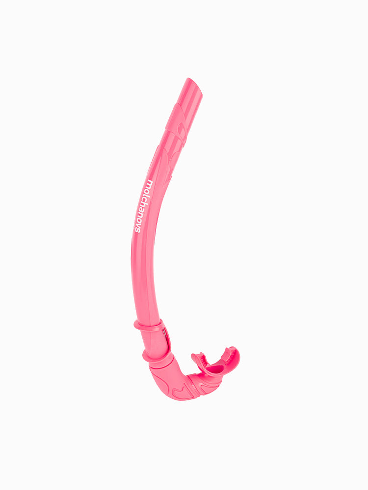Molchanovs CORE freediving snorkel in pink, full-length side view with mouthpiece and mask clip