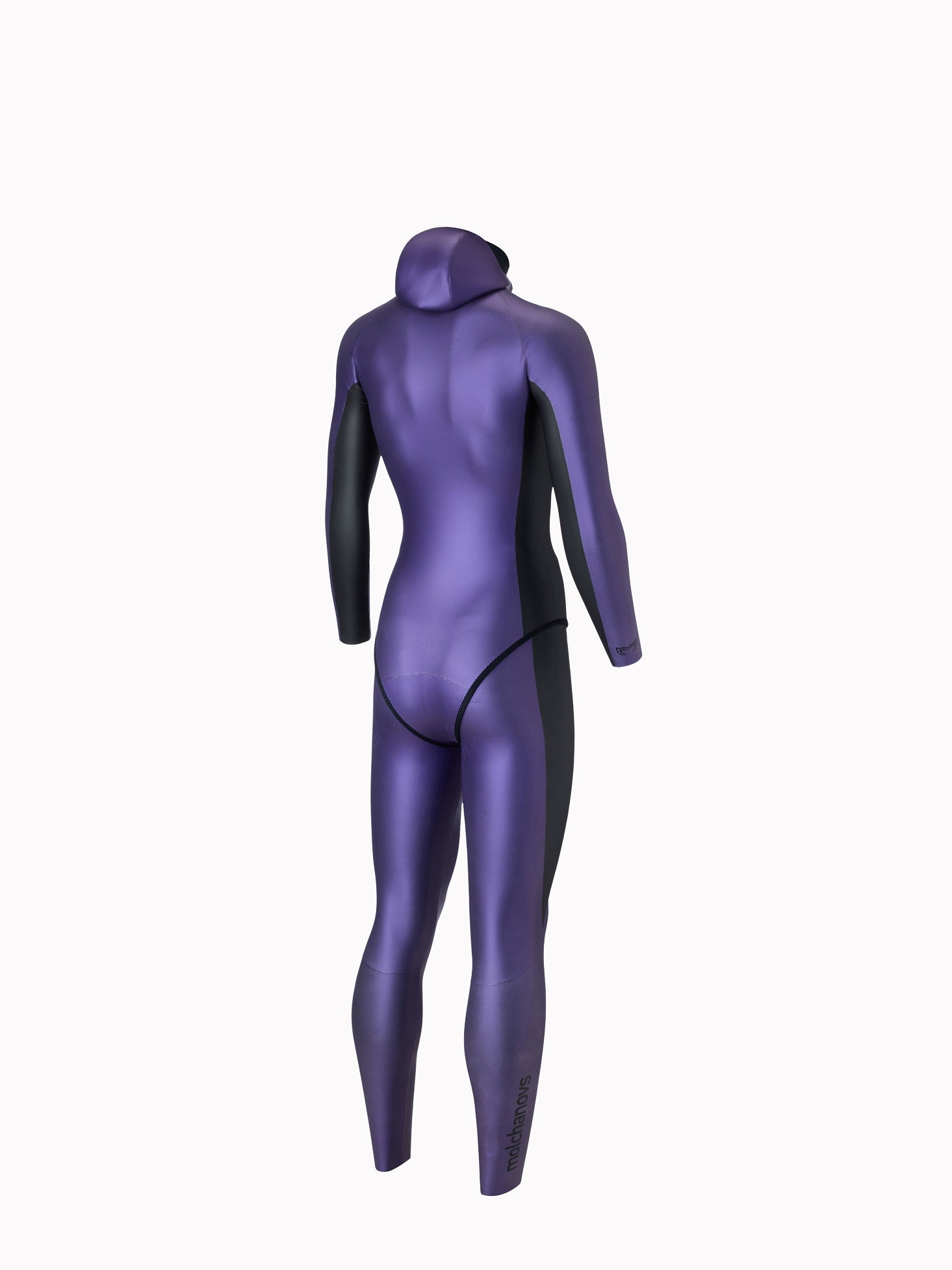 Molchanovs Natalia's Legacy Women's SPORT Wetsuit 1.5mm, purple and black with hood, angled rear view on mannequin
