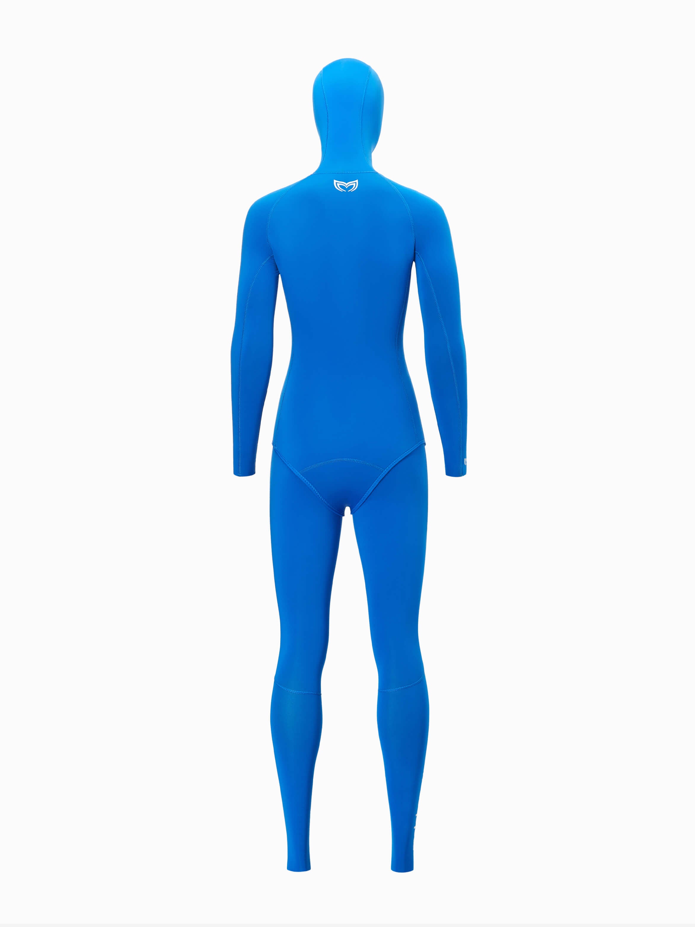 Molchanovs SPORT 5mm womens wetsuit in blue, back view on mannequin, showing integrated hood and Molchanovs logo