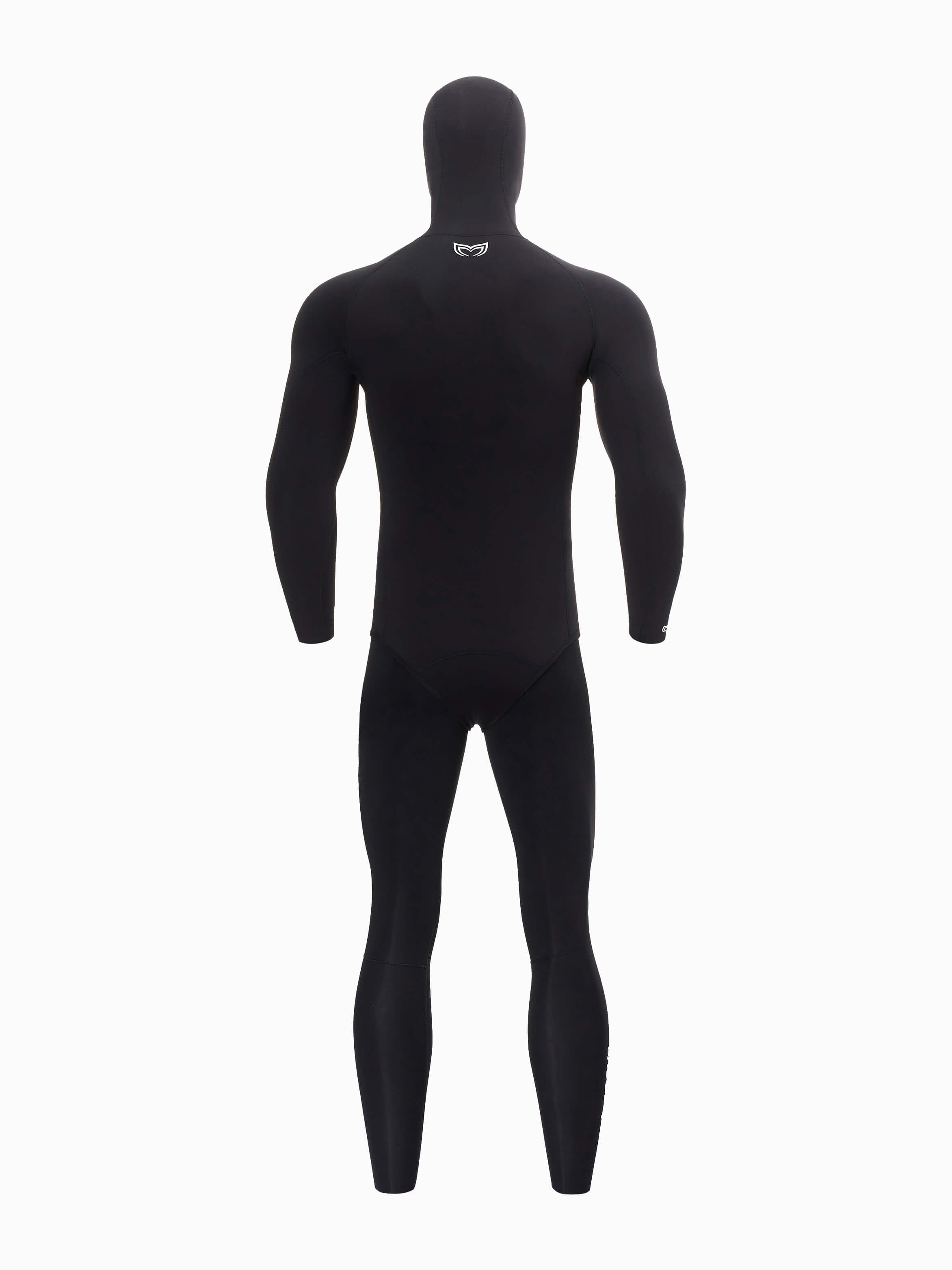 Molchanovs SPORT mens 5mm double-lined freediving wetsuit in black, hooded two-piece, rear view