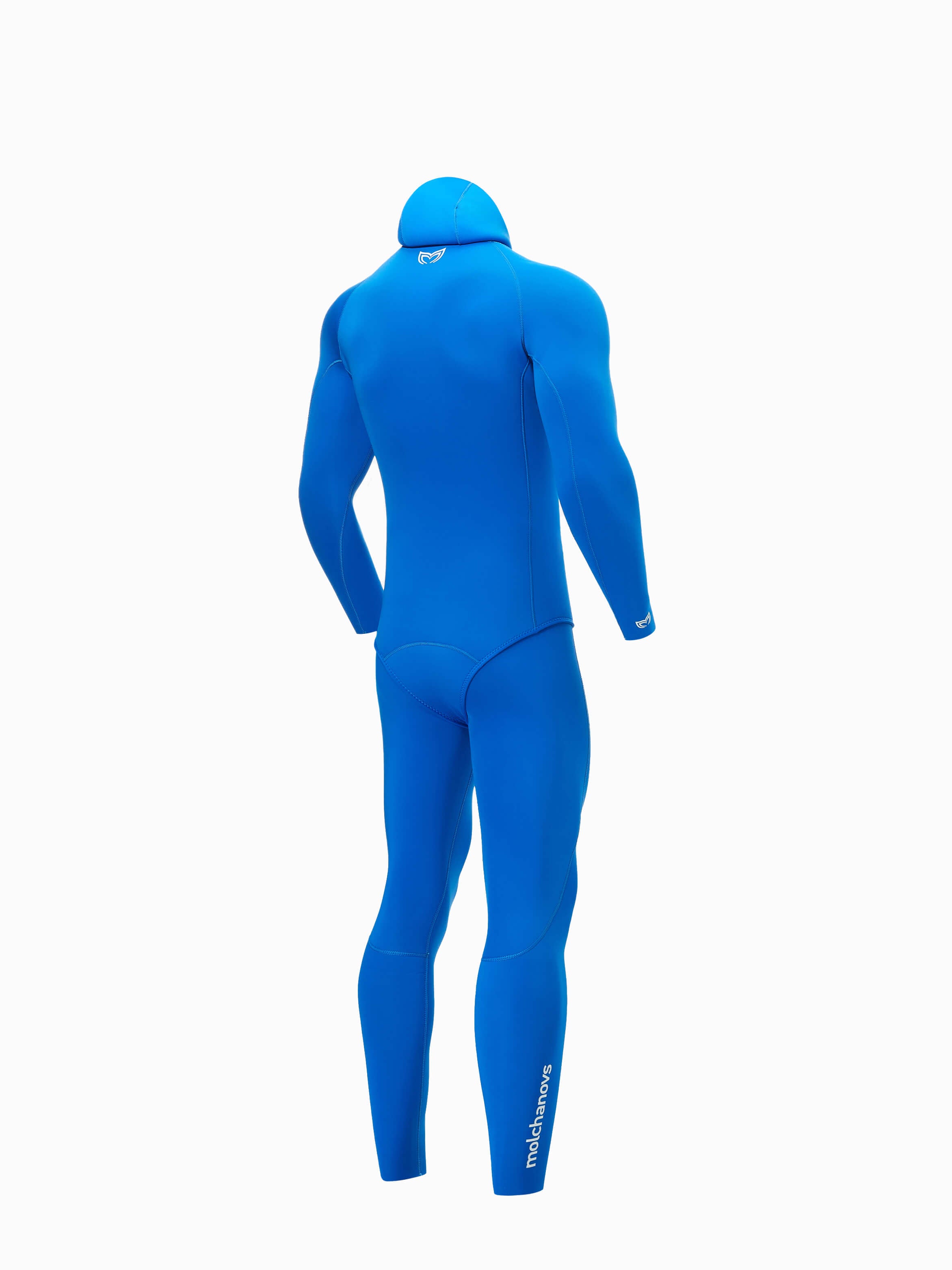 Molchanovs SPORT mens 5mm double-lined freediving wetsuit in blue, hooded two-piece, rear three-quarter view