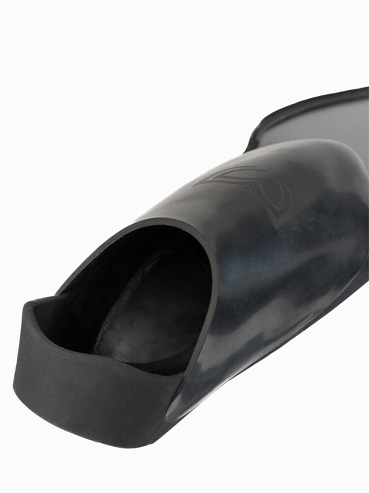 Interior view of the Molchanovs PRO Short Bifins 3 Carbon foot pocket showing the open heel strap design and neoprene lining