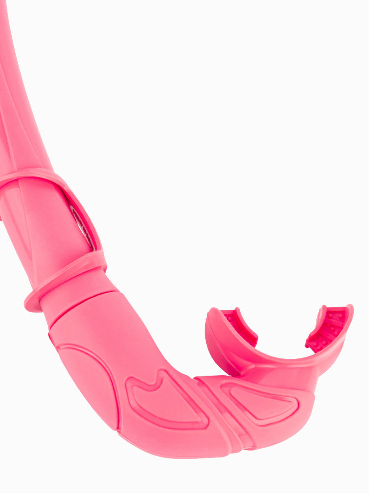 Close-up of the Molchanovs CORE snorkel mouthpiece and lower flex section in pink