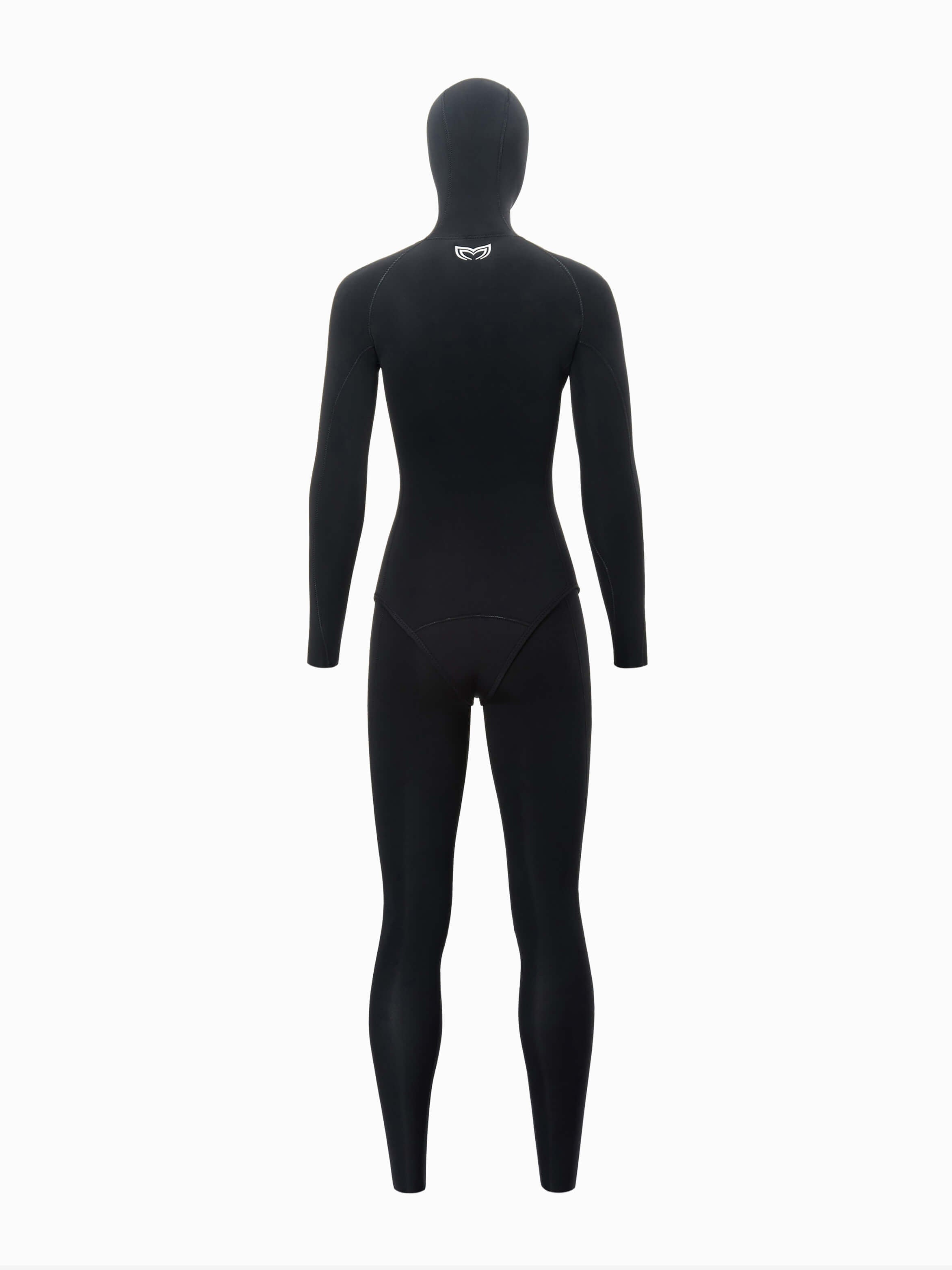 Back view of the Molchanovs SPORT women's open cell wetsuit in black, showing the hooded seam and outside lining