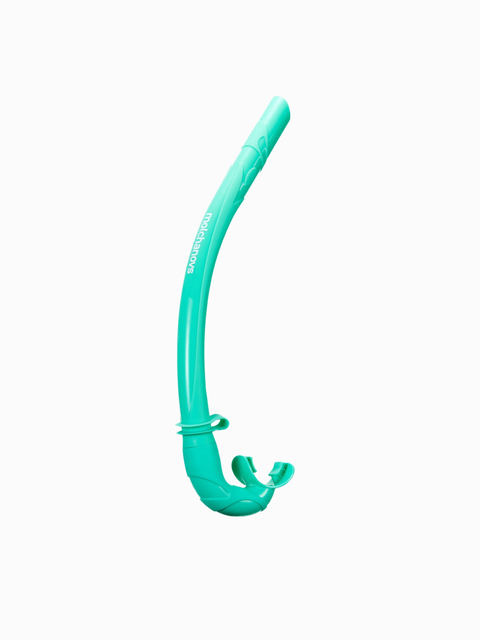 Molchanovs CORE freediving snorkel in mint green, full-length side view with mouthpiece and mask clip