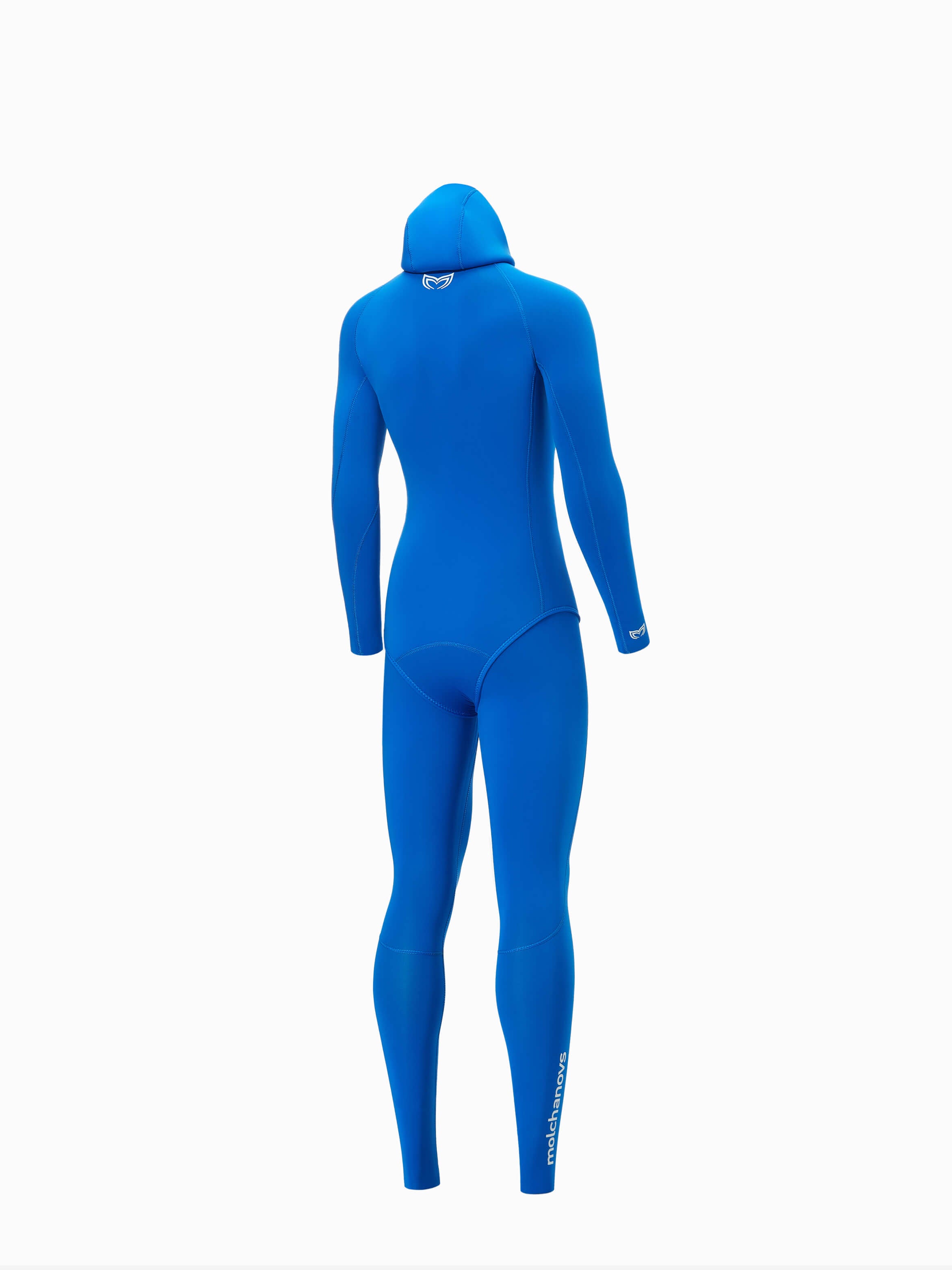 Back view of the Molchanovs SPORT women's open cell freediving wetsuit in blue, outside-lined with integrated hood