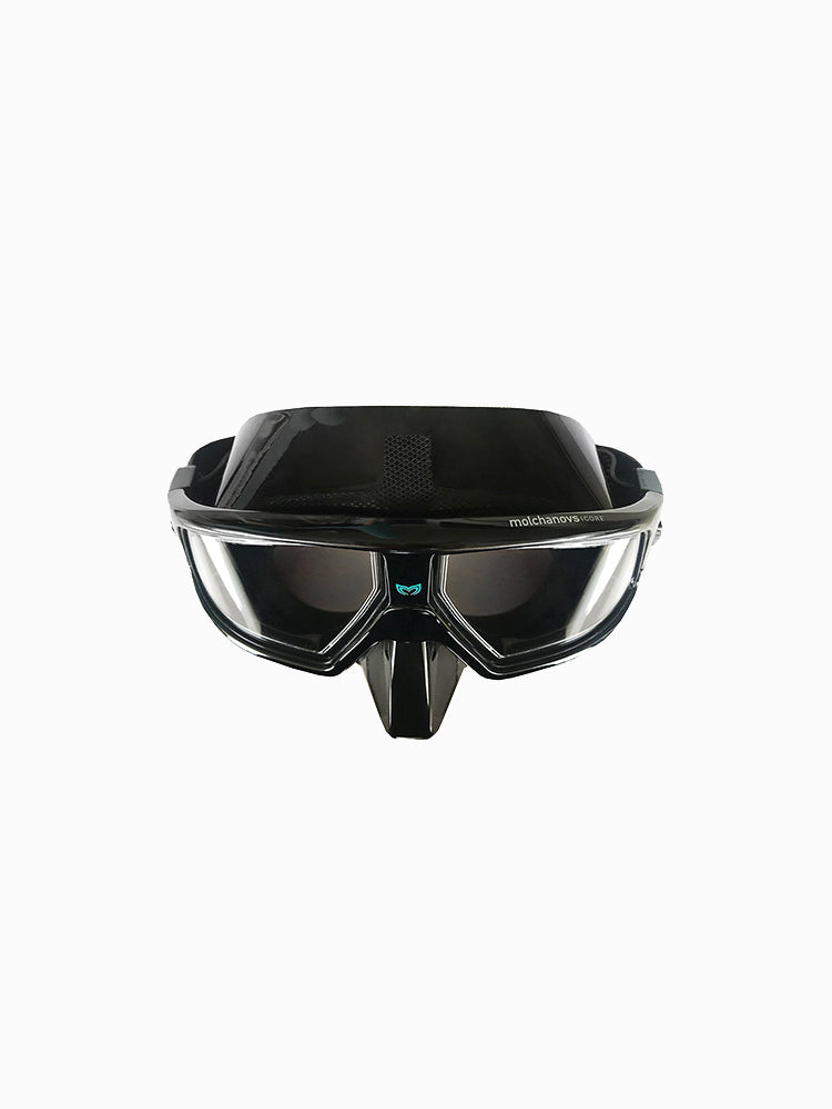 Molchanovs CORE freediving dive mask, black frame with black silicone skirt, front view