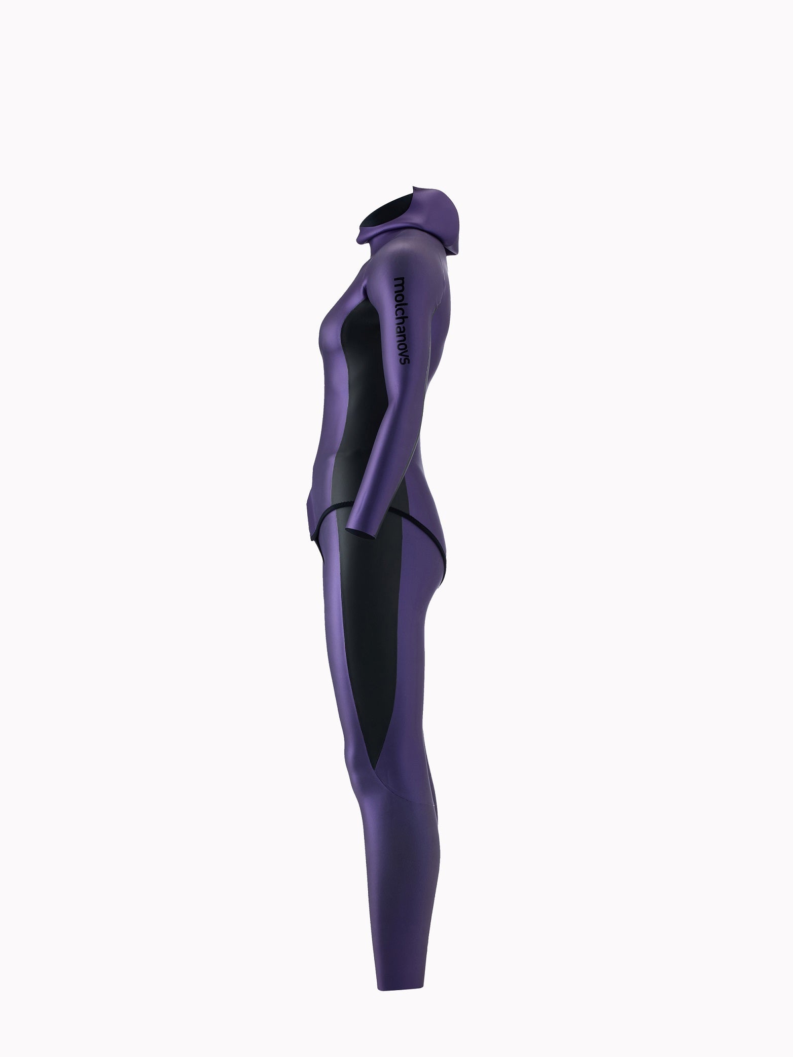 Molchanovs Natalia's Legacy Women's SPORT Wetsuit 1.5mm, purple and black, side profile view on mannequin showing hood and panel construction