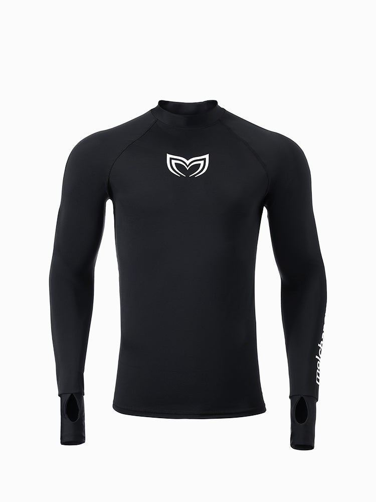Molchanovs Men's UPF 50+ rash guard, black long-sleeve with mock neck and thumb loops, front view