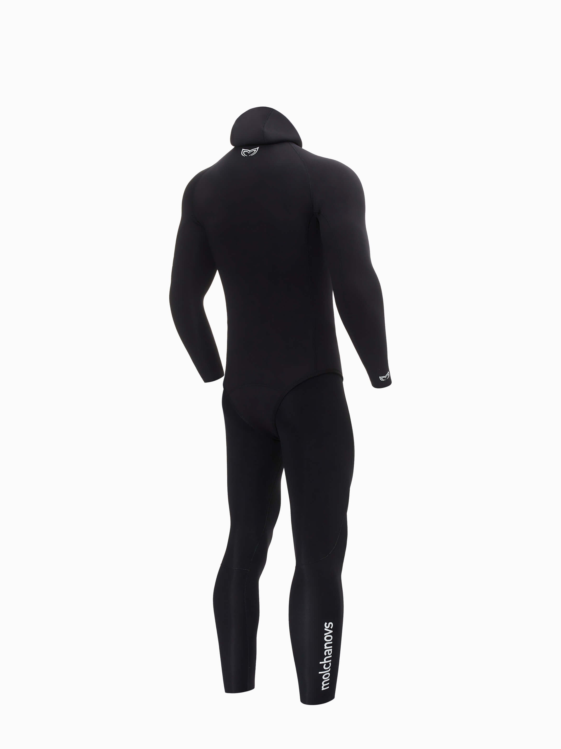 Molchanovs SPORT men's freediving wetsuit outside-lined, black, hooded two-piece, rear view