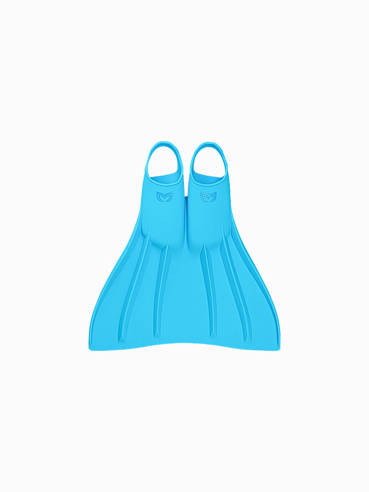 Molchanovs Core silicone freediving bifins in light blue on white background