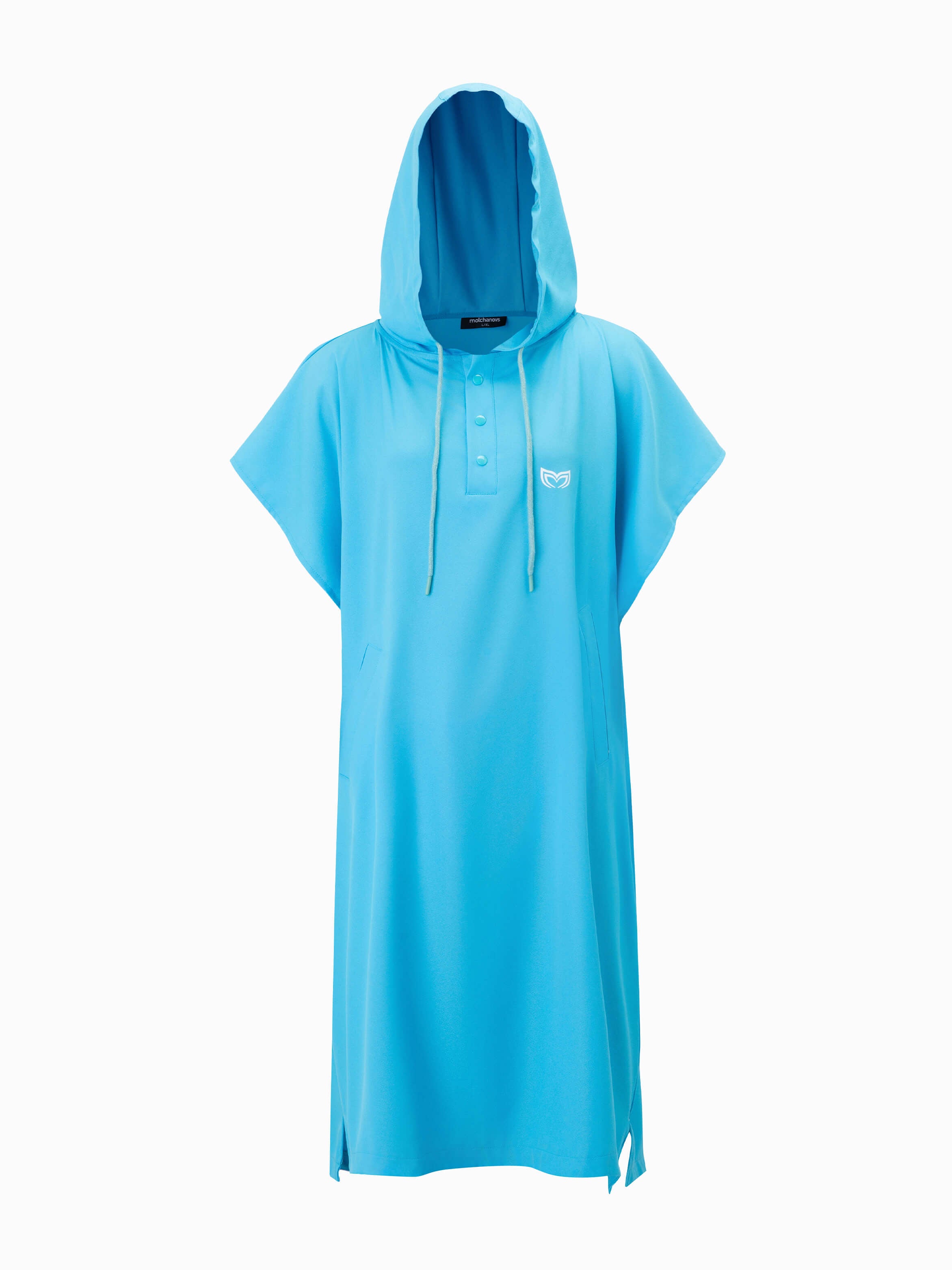 Molchanovs lightweight poncho towel in blue, front view, with hood, snap buttons, and drawstring