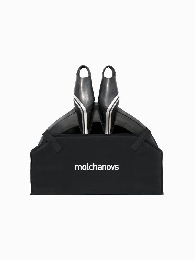 Molchanovs monofin bag open with a monofin placed inside, black with white stripe